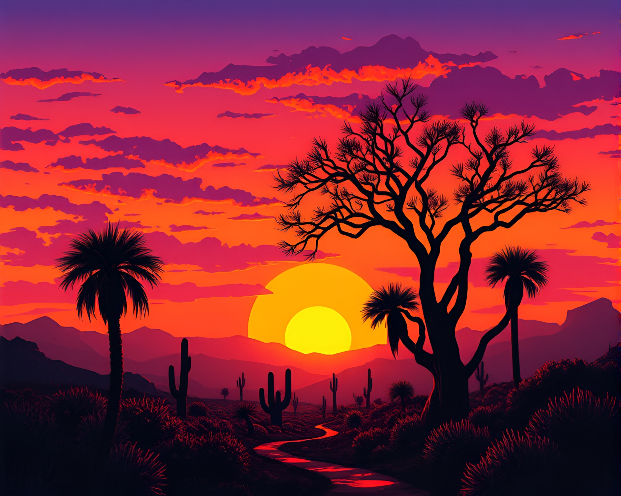 Foil-Stamped Ancient Grove under Desert Sunset Vaporwave – free AI stock image