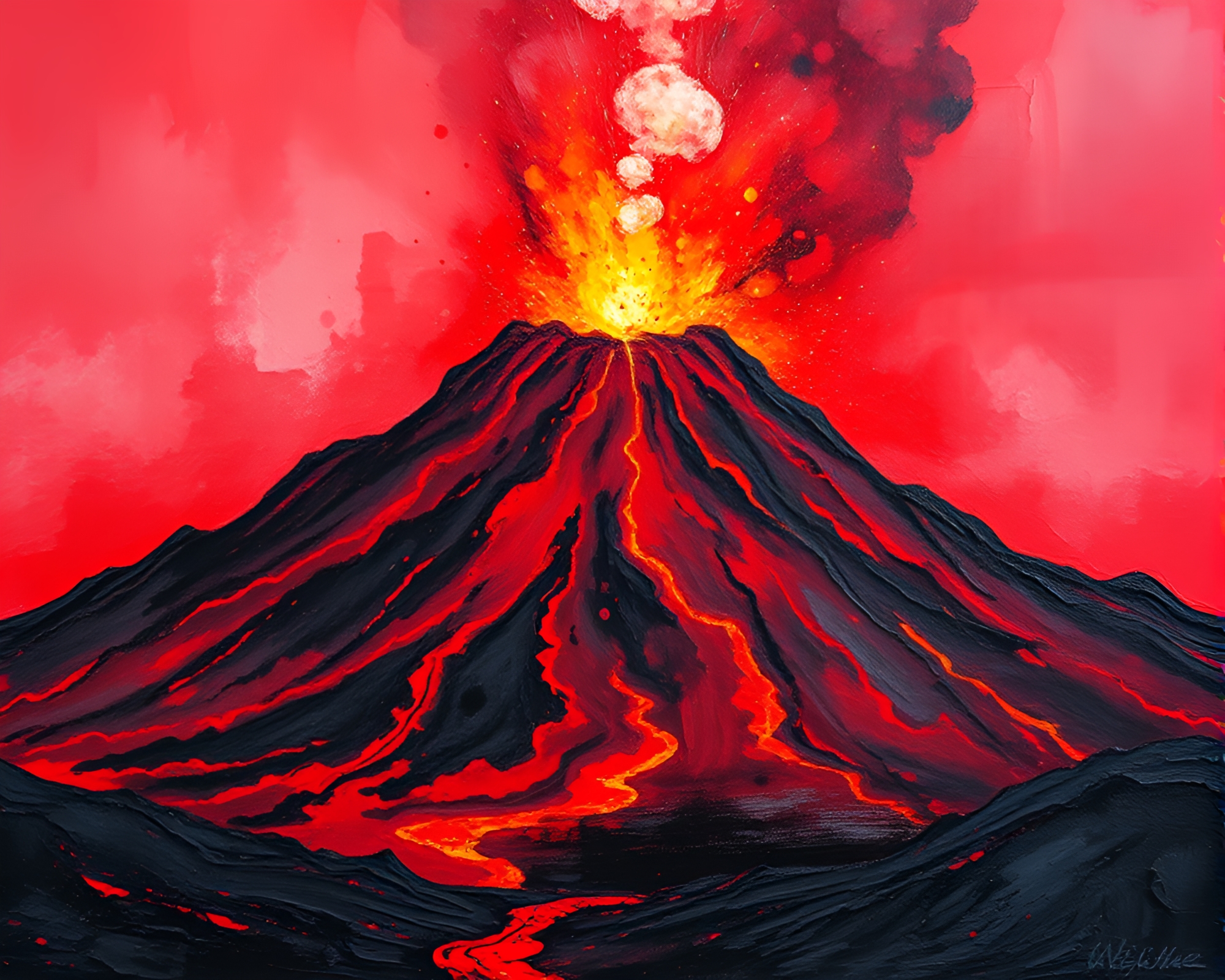 Dramatic Volcanic Eruption in Rich Red Palette Knife Art – free AI stock image