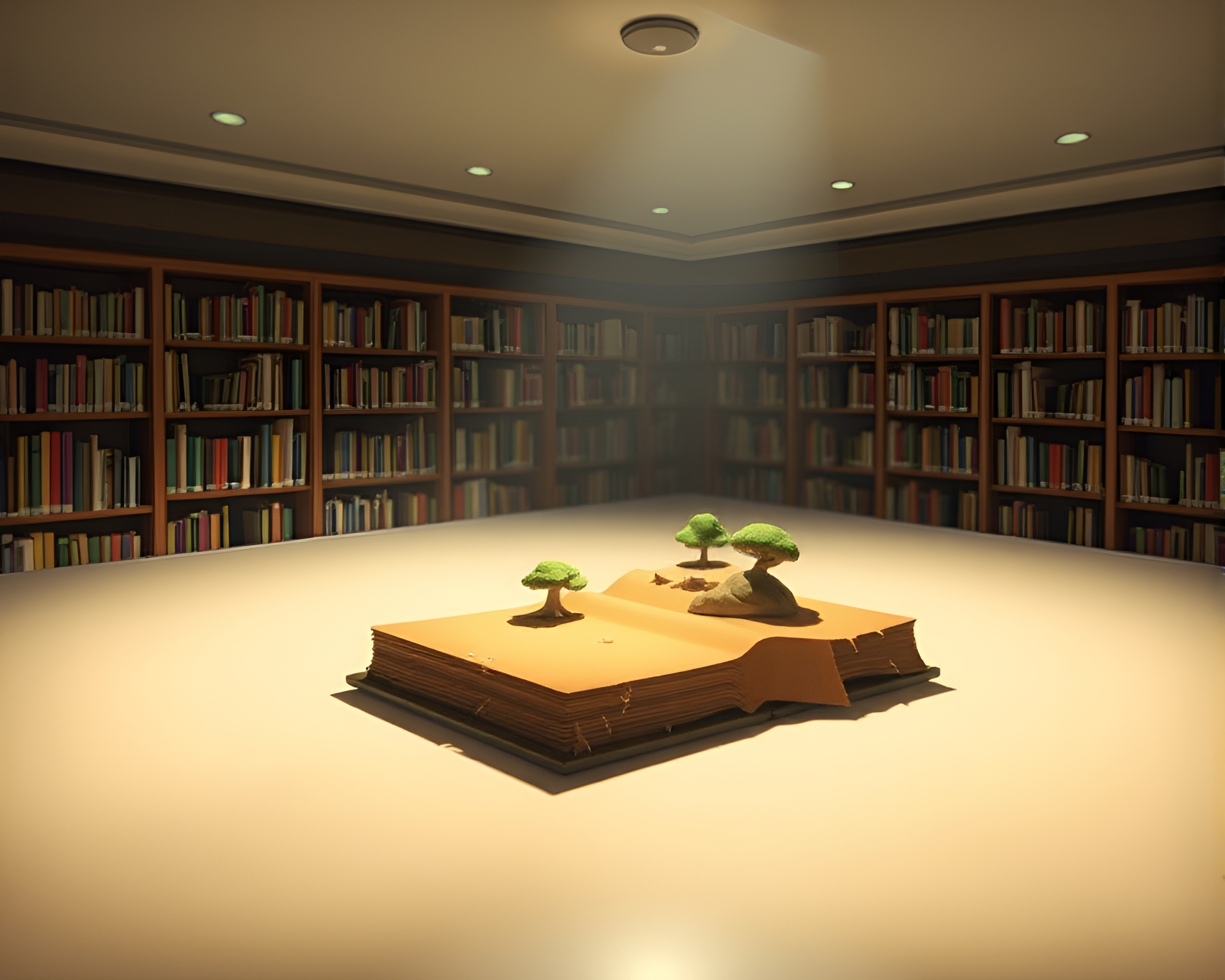 Enchanted Island Library Illuminated by Spotlight – free AI stock image