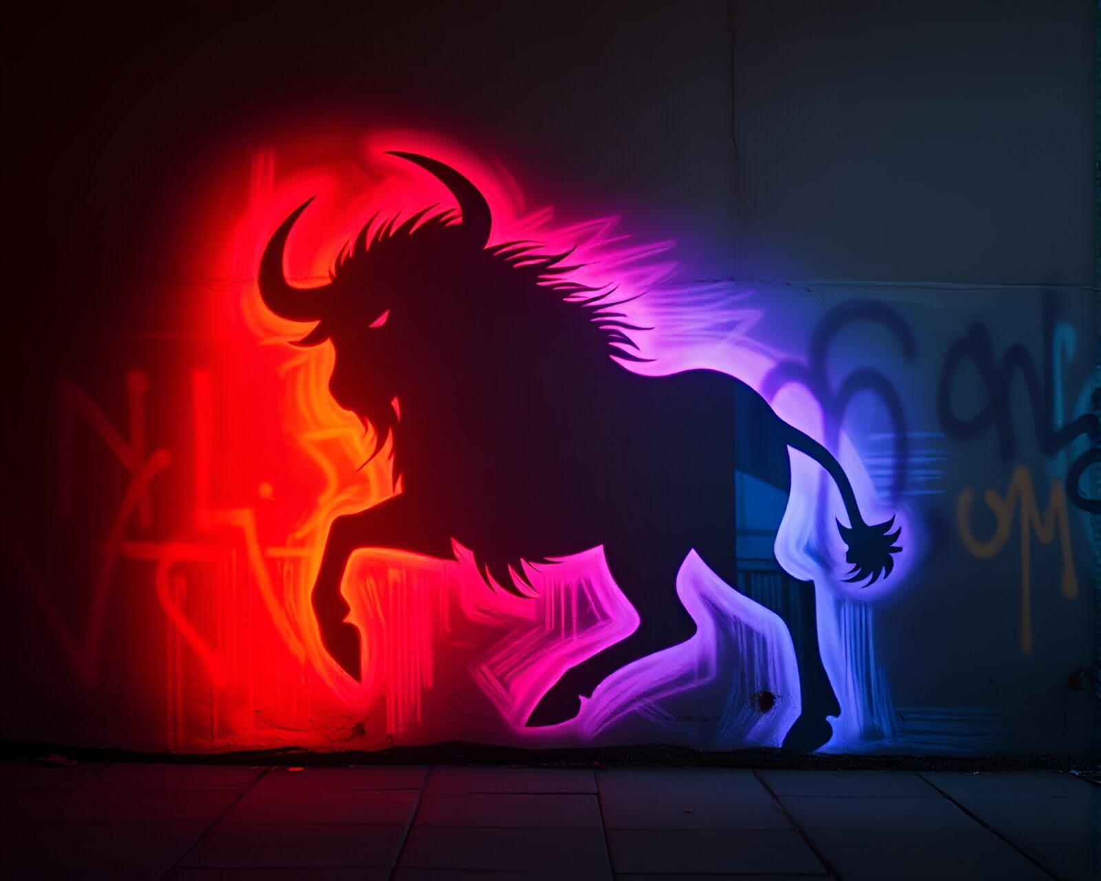 Silhouetted Minotaur against vibrant pastel graffiti backdrop