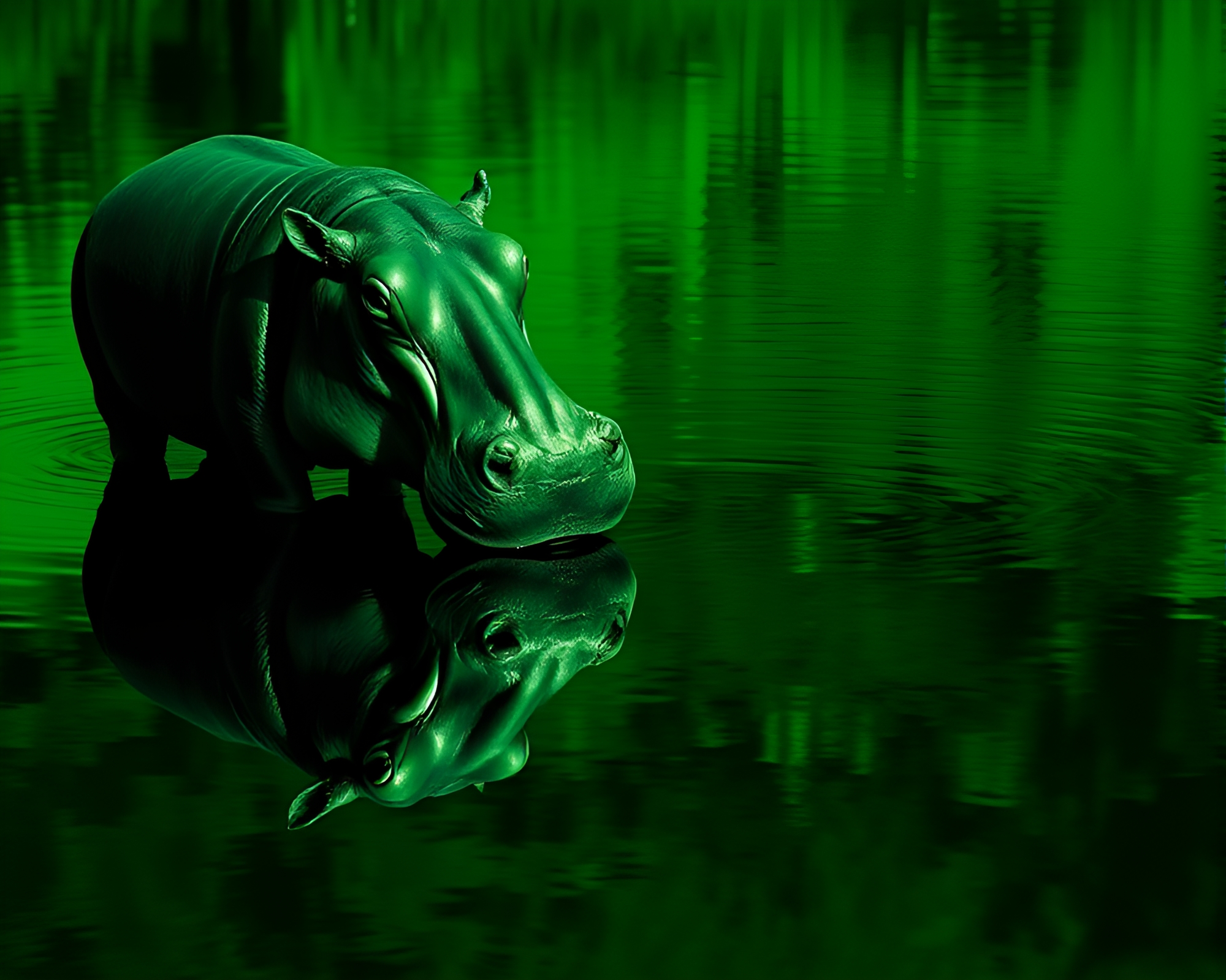 Mesmerizing Mirror Symmetry: Hippopotamus in Monochrome Green – free AI stock image