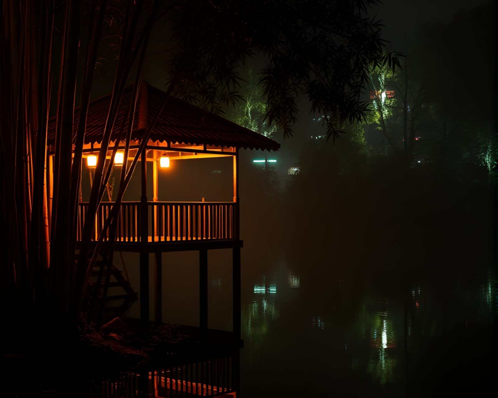 Vibrant neon lights illuminate a bamboo hut silhouette