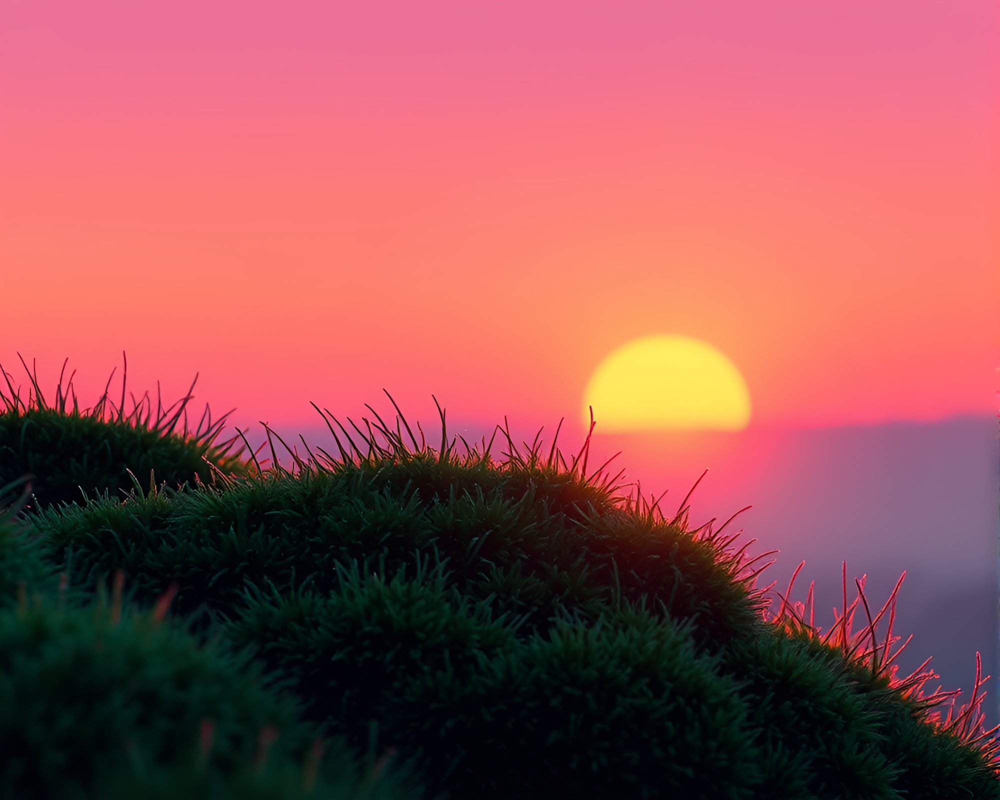 Vaporwave Sunset Overgrown with Moss in 8-bit Style – free AI stock image