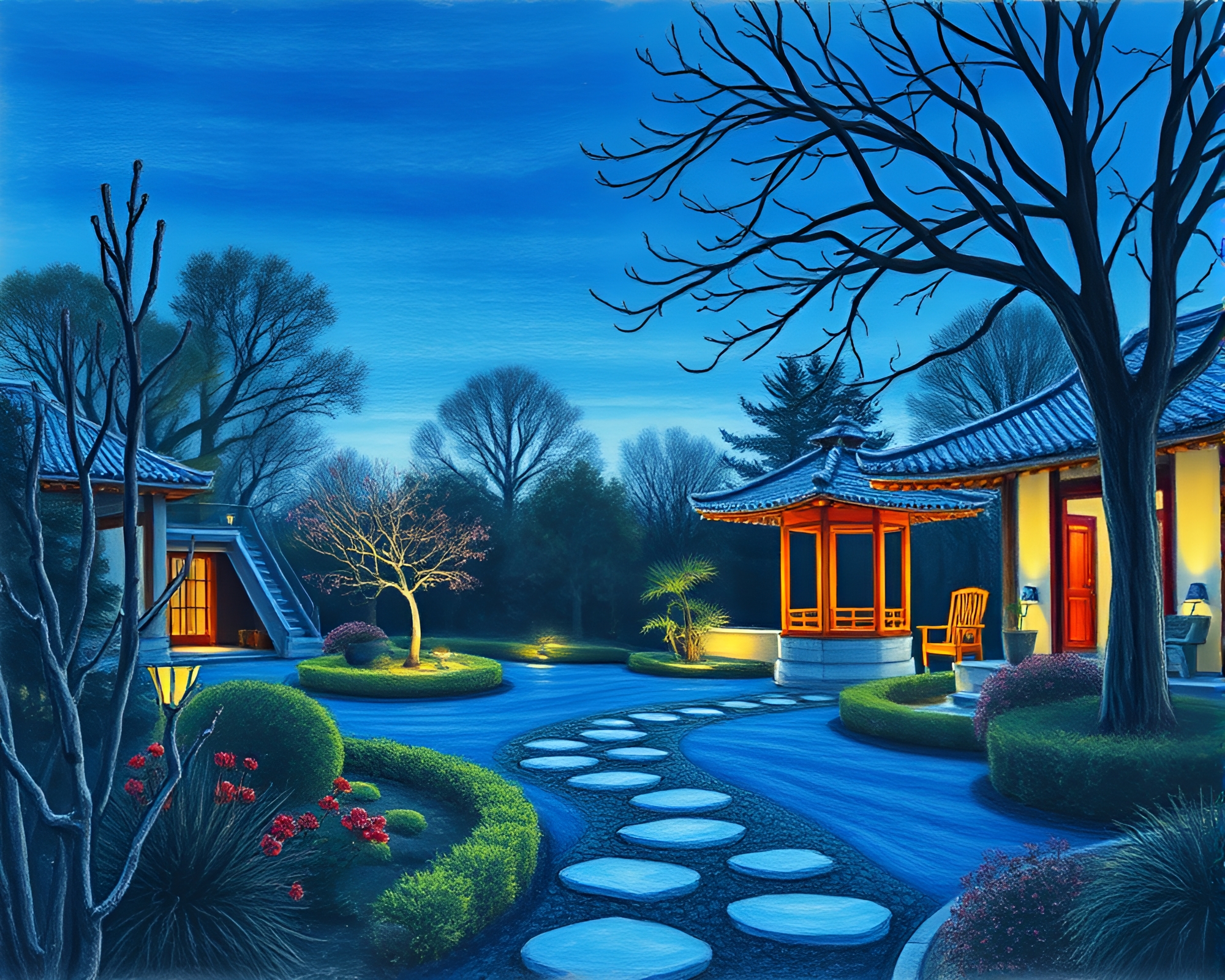 Tranquil Twilight Zen Garden Conte Drawing – free AI stock image