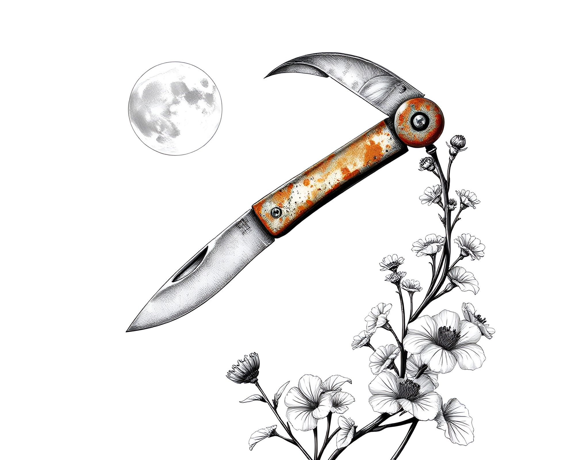 Lunar Botanical Illustration Featuring Fibonacci Spiral with Rusty Pocketknife – free AI stock image