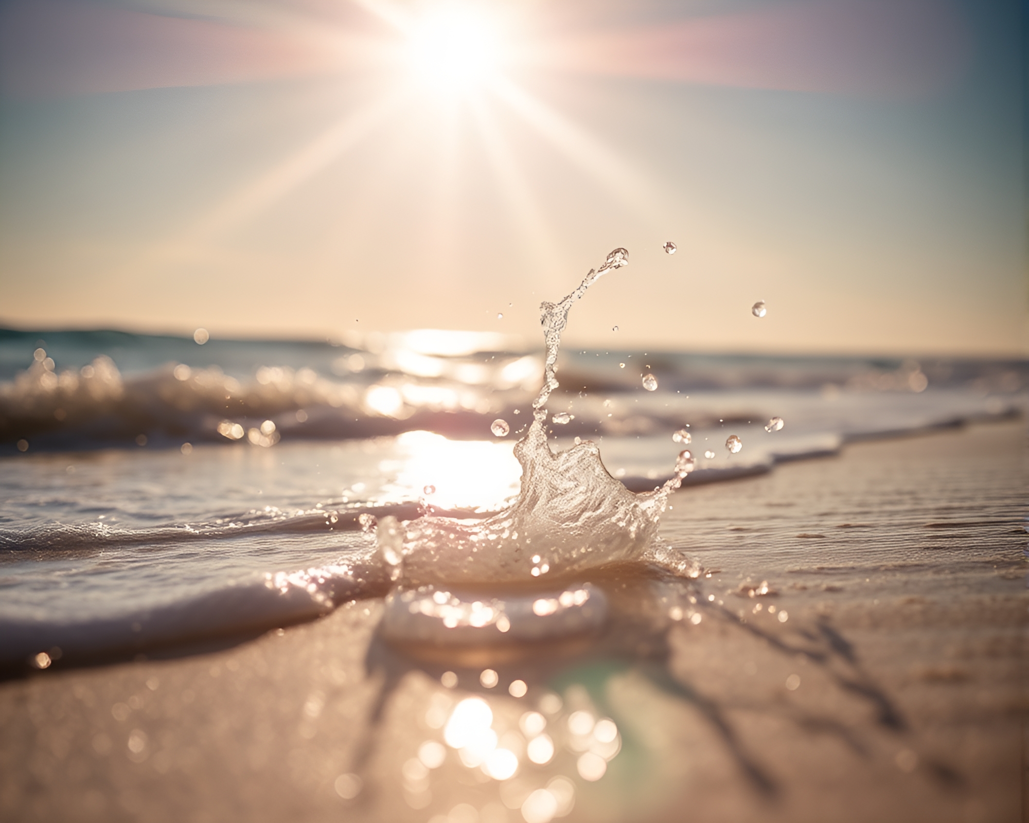 Serene Beach Close-Up Magic: Sunbeam Splash – free AI stock image