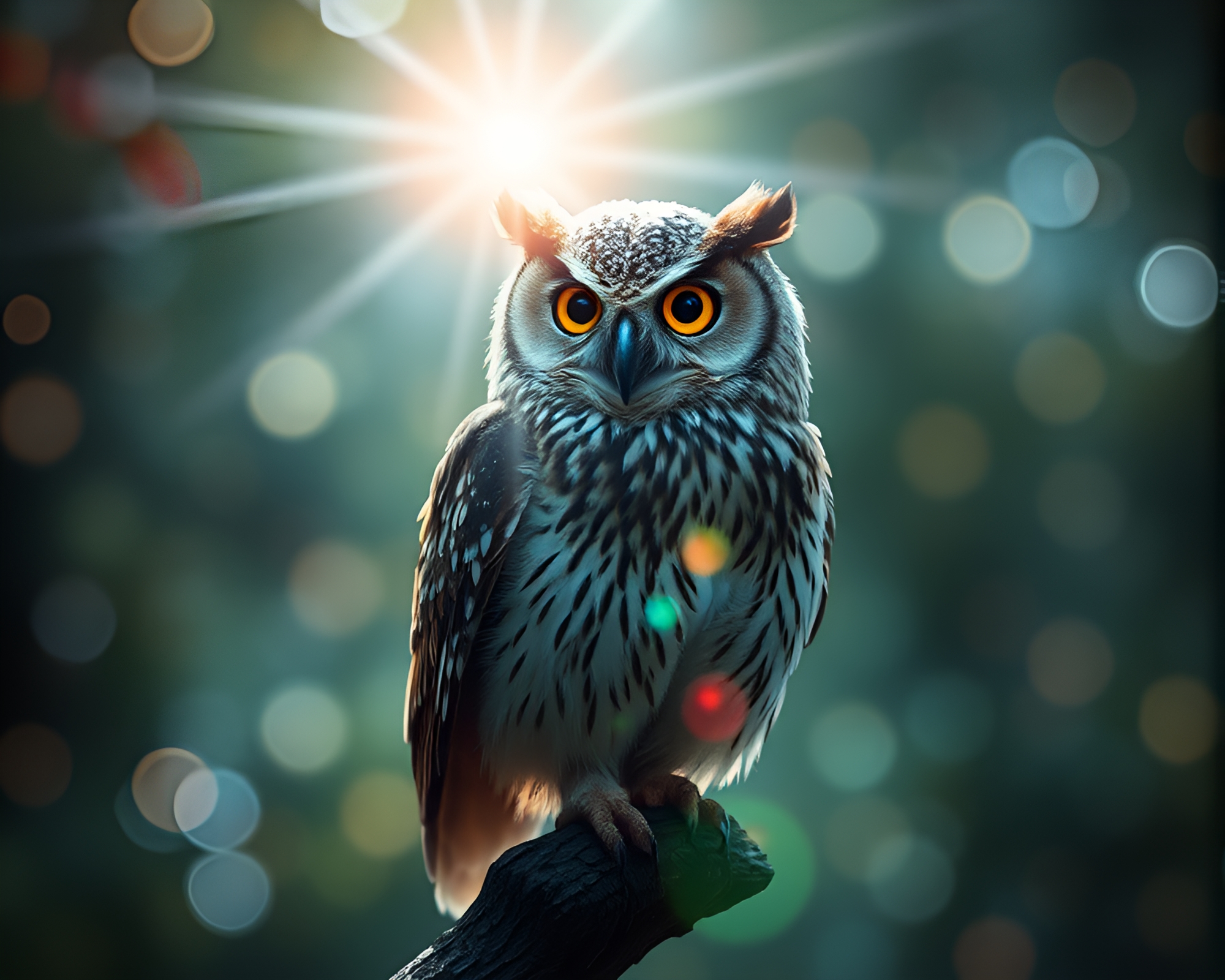 Pixel Owl in Digital Bloom Lens Flare Artwork – free AI stock image