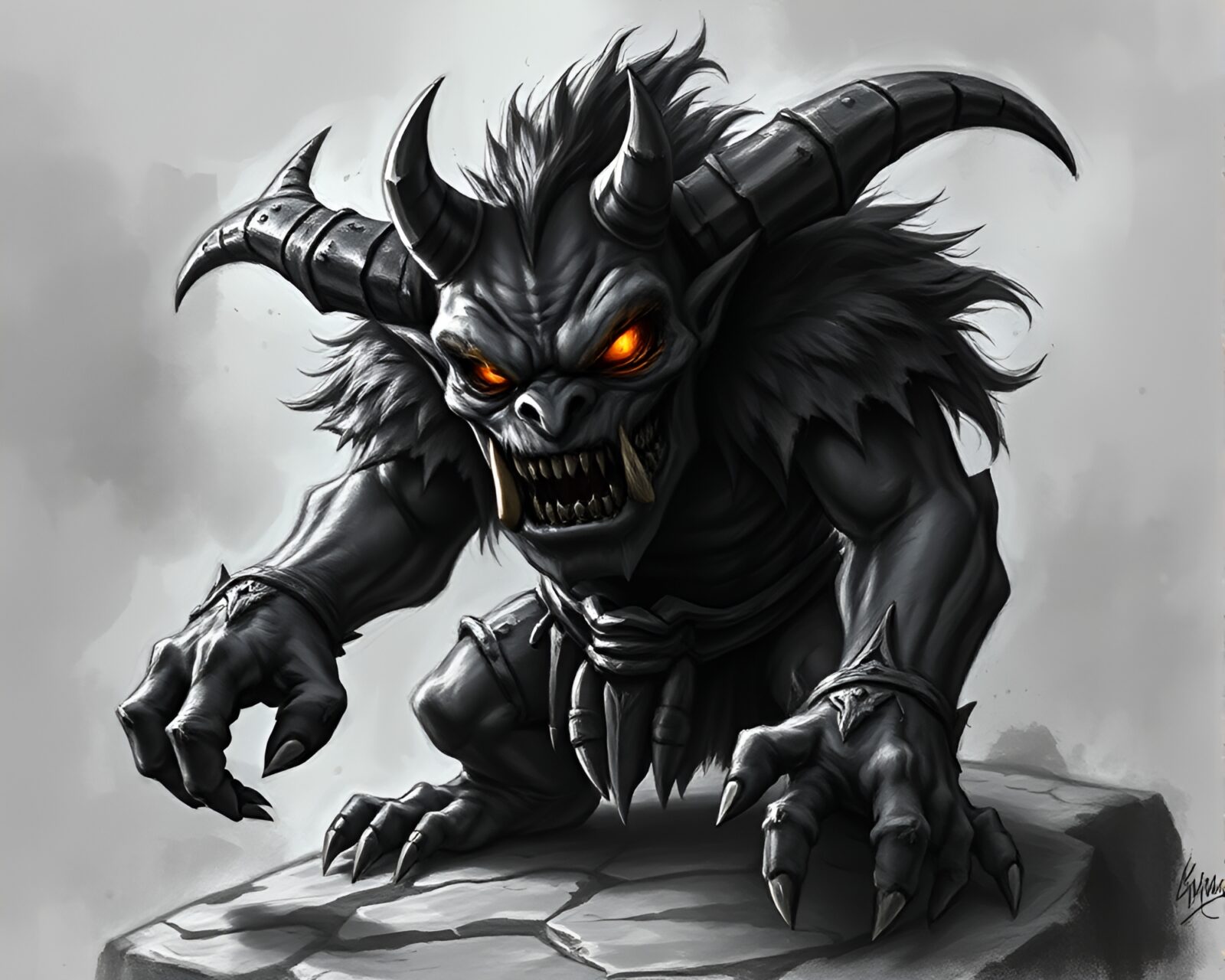 Detailed charcoal strokes of a menacing troll in torchlit dungeon