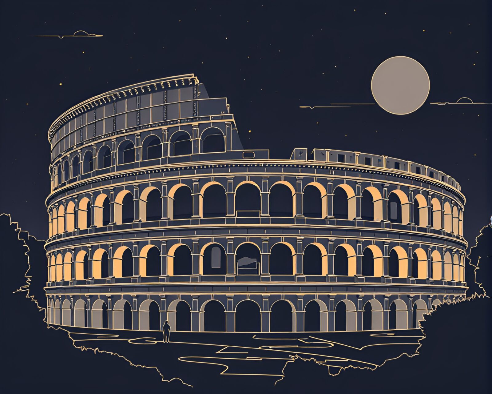 Abstract illustration of Roman coliseum surrounded by geometric shapes