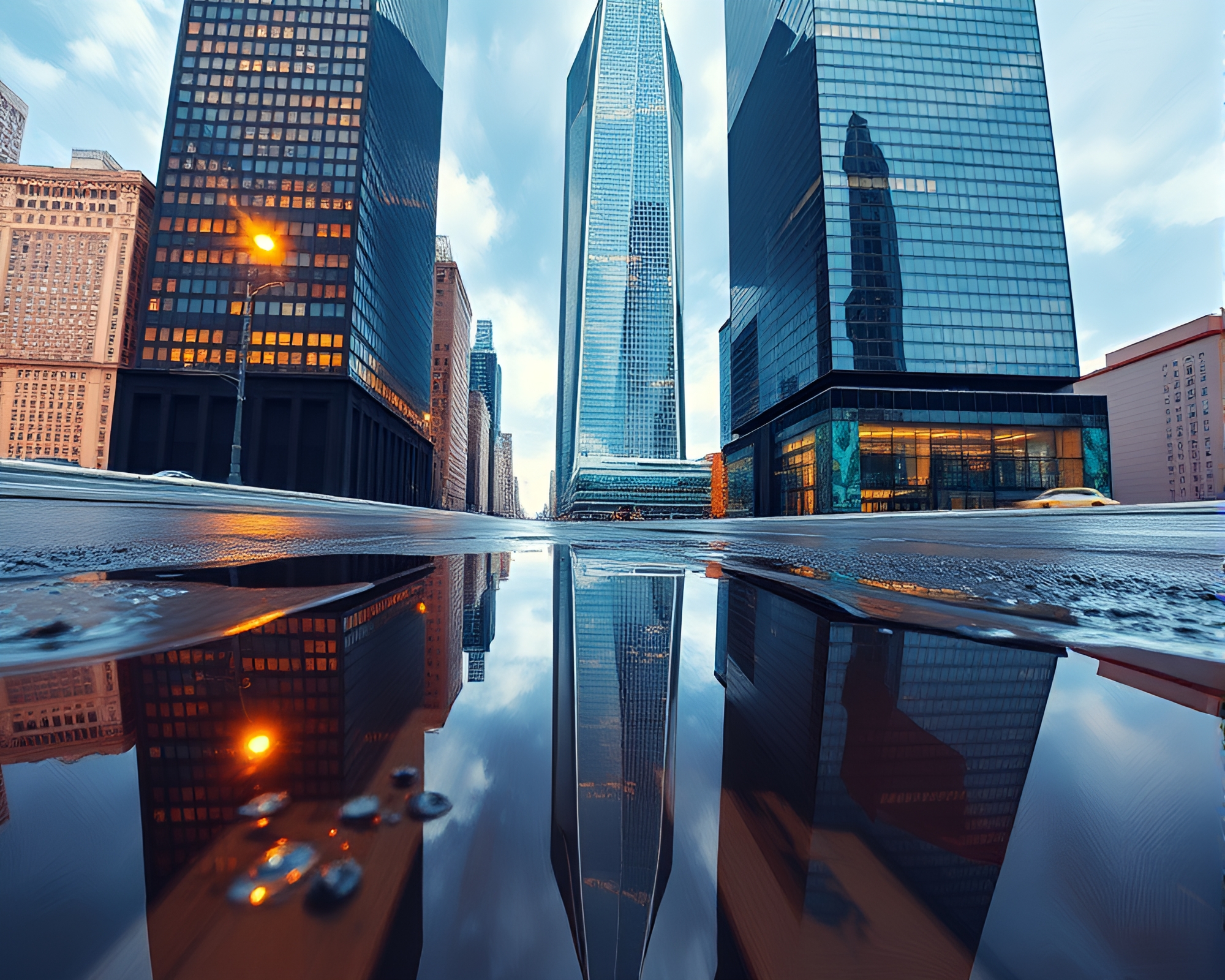 Urban sprawl: Reflecting skyscraper in action painting puddle – free AI stock image