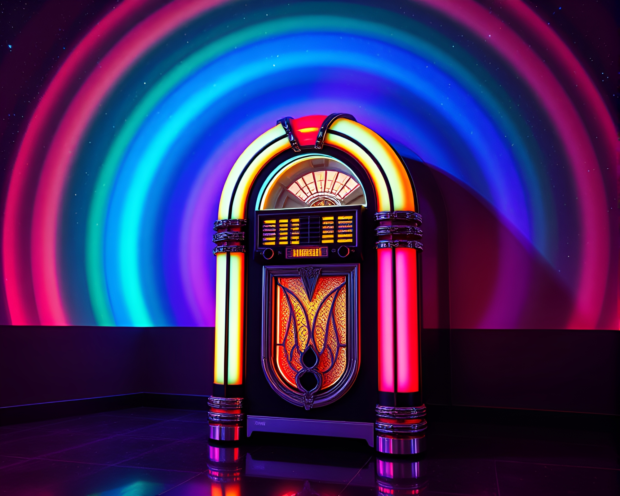 Retro Jukebox in Cosmic Rainbow Pop Art – free AI stock image