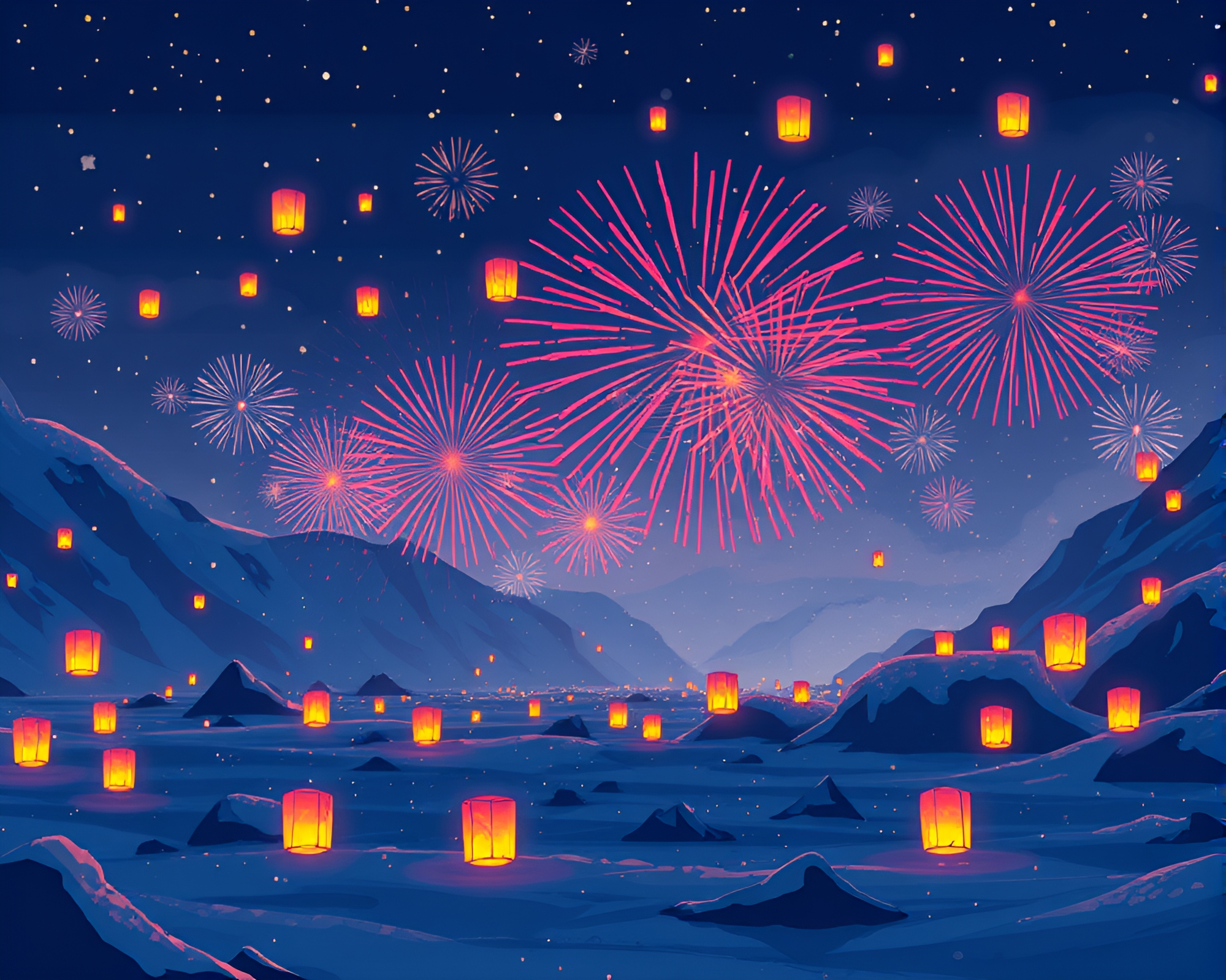 Firework Lanterns Illuminating Antarctic 8-bit Blizzard – free AI stock image