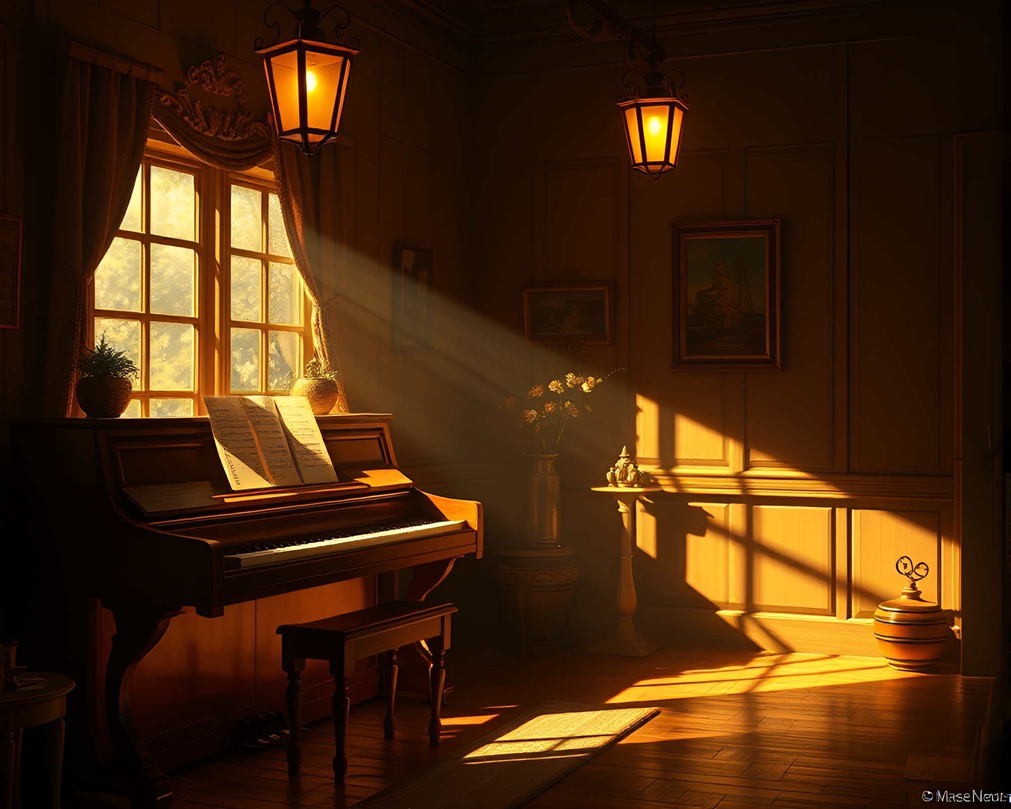 Elegant Piano in Porchlight Glow with Gilded Highlights – free AI stock image