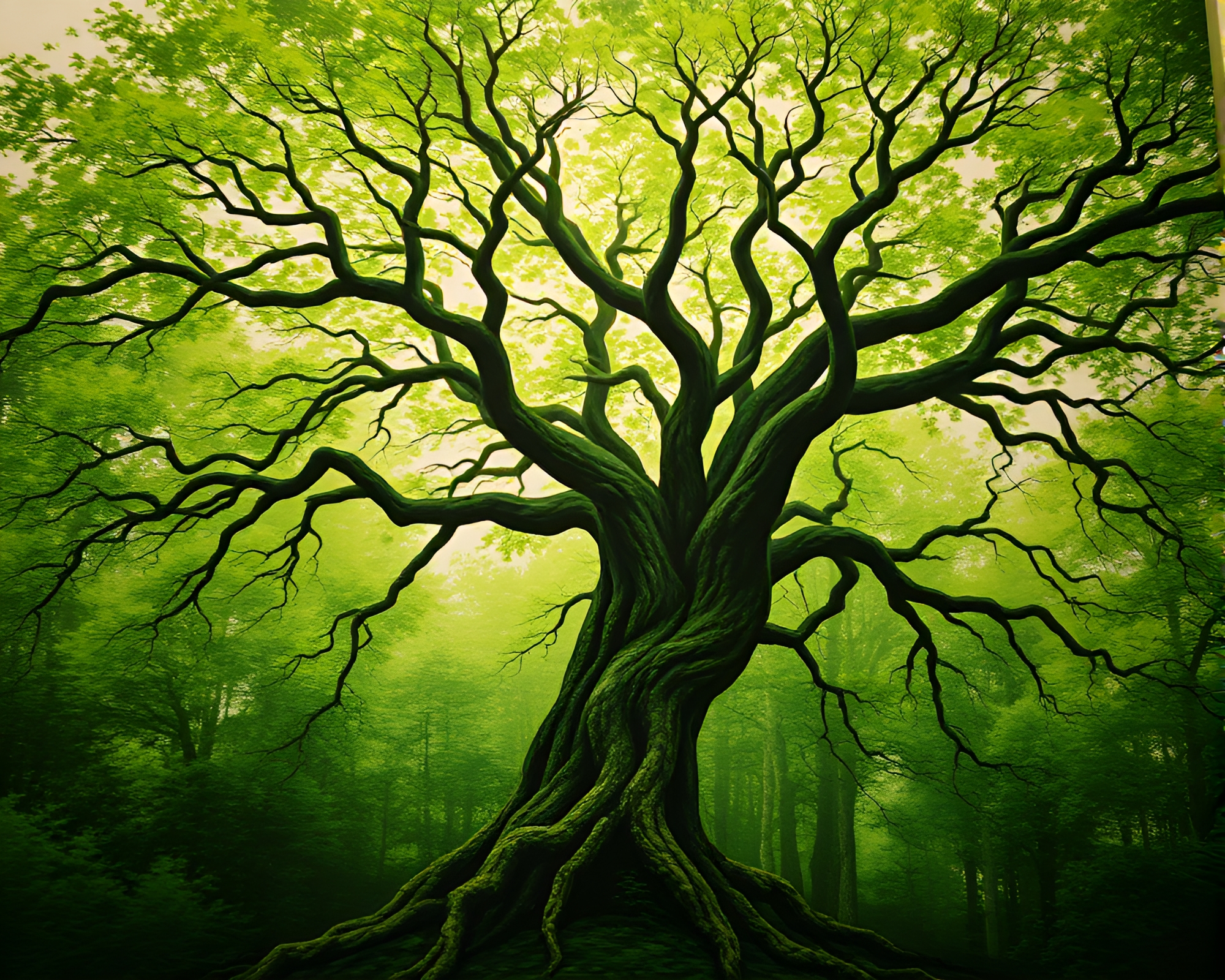 Enchanted Ancient Tree Mural in Forest Green Shade – free AI stock image