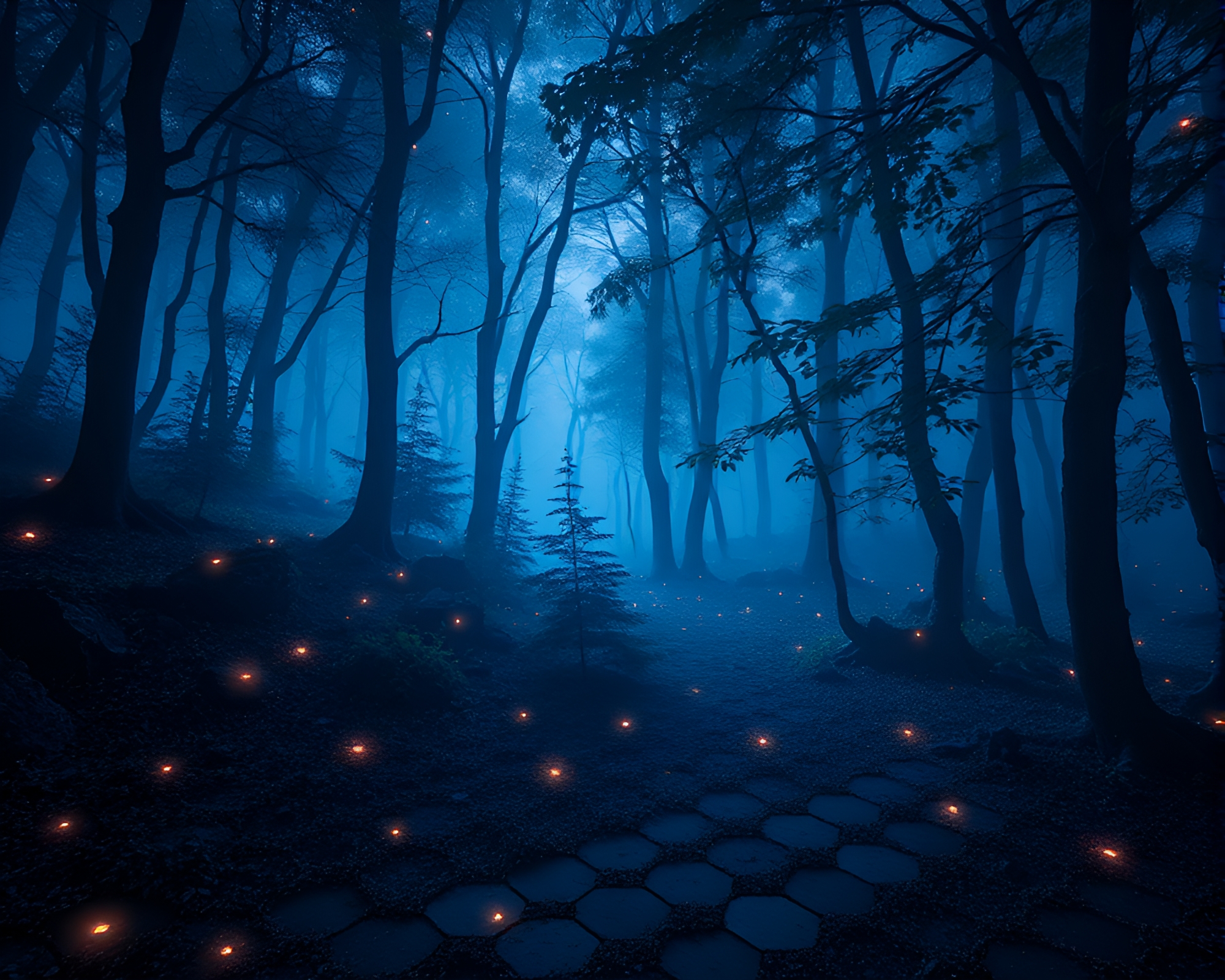 Bioluminescent Forest Hexagonal Tiling Graphic Novel Scene – free AI stock image