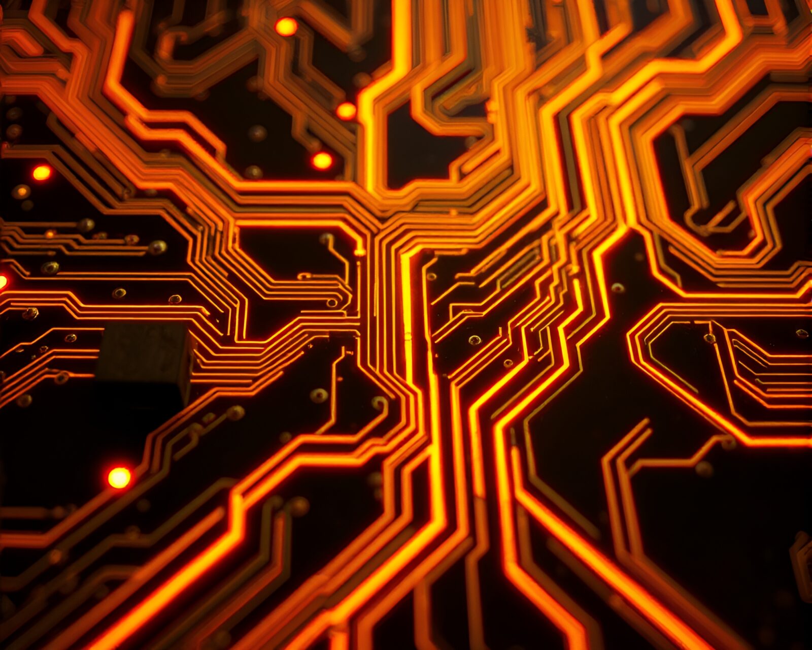 Futuristic neon-lit cityscape with pumpkin pie circuit board art