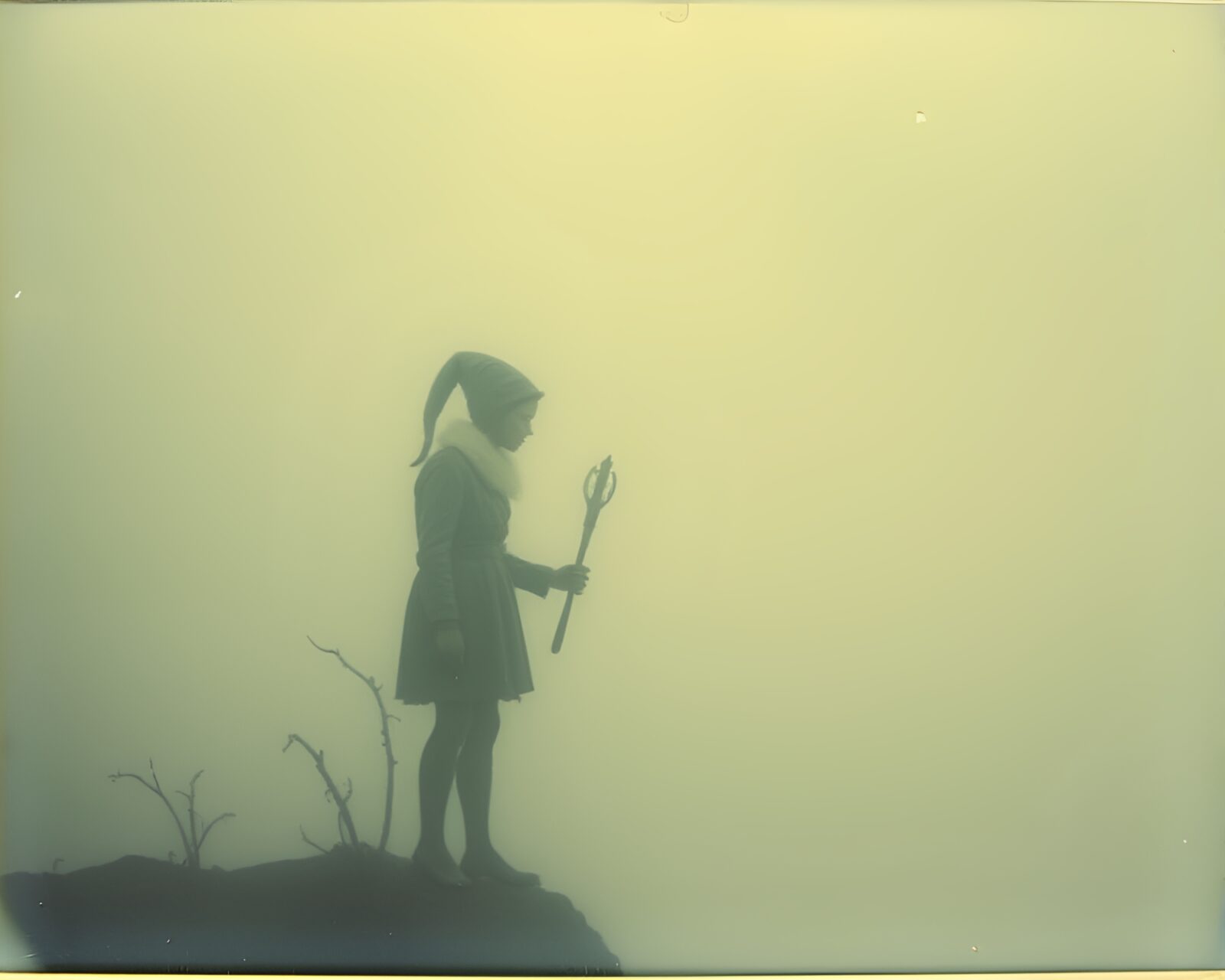 Vintage polaroid of Elf standing amidst fog-covered trees