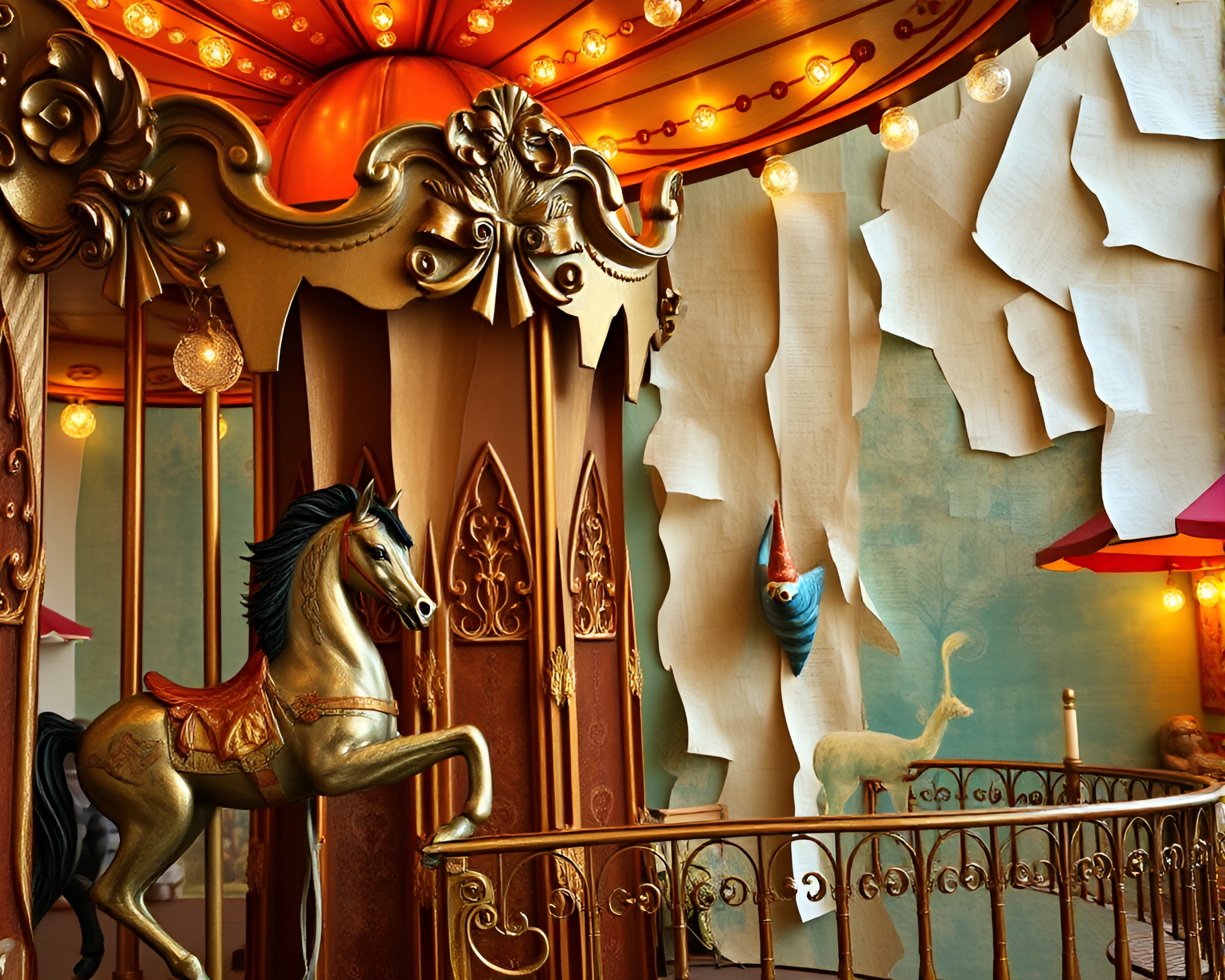 Bronze Carnival Carousel with Paper Tears Mural – free AI stock image