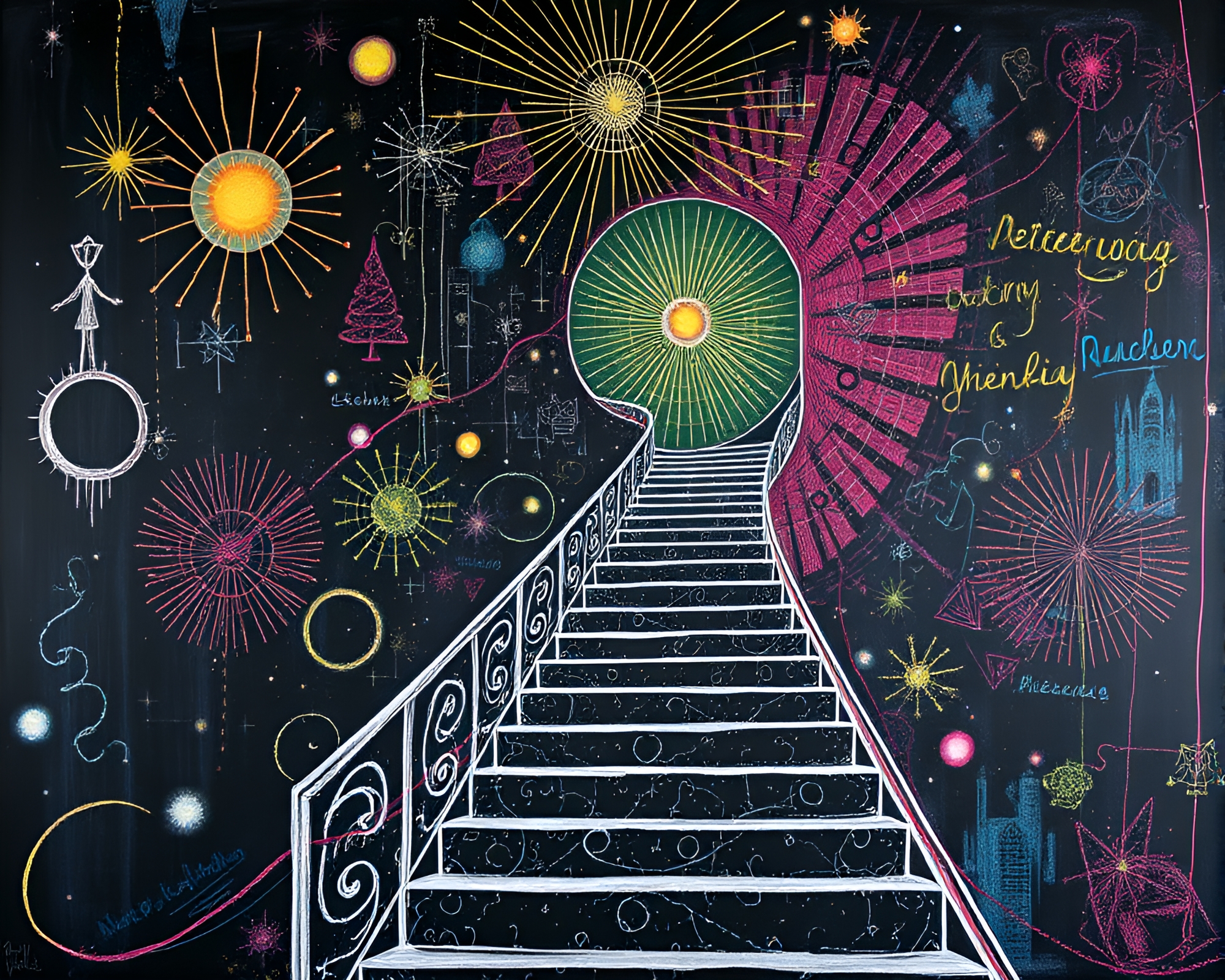 Surreal Chalk Escher Staircase with Starburst Colors – free AI stock image