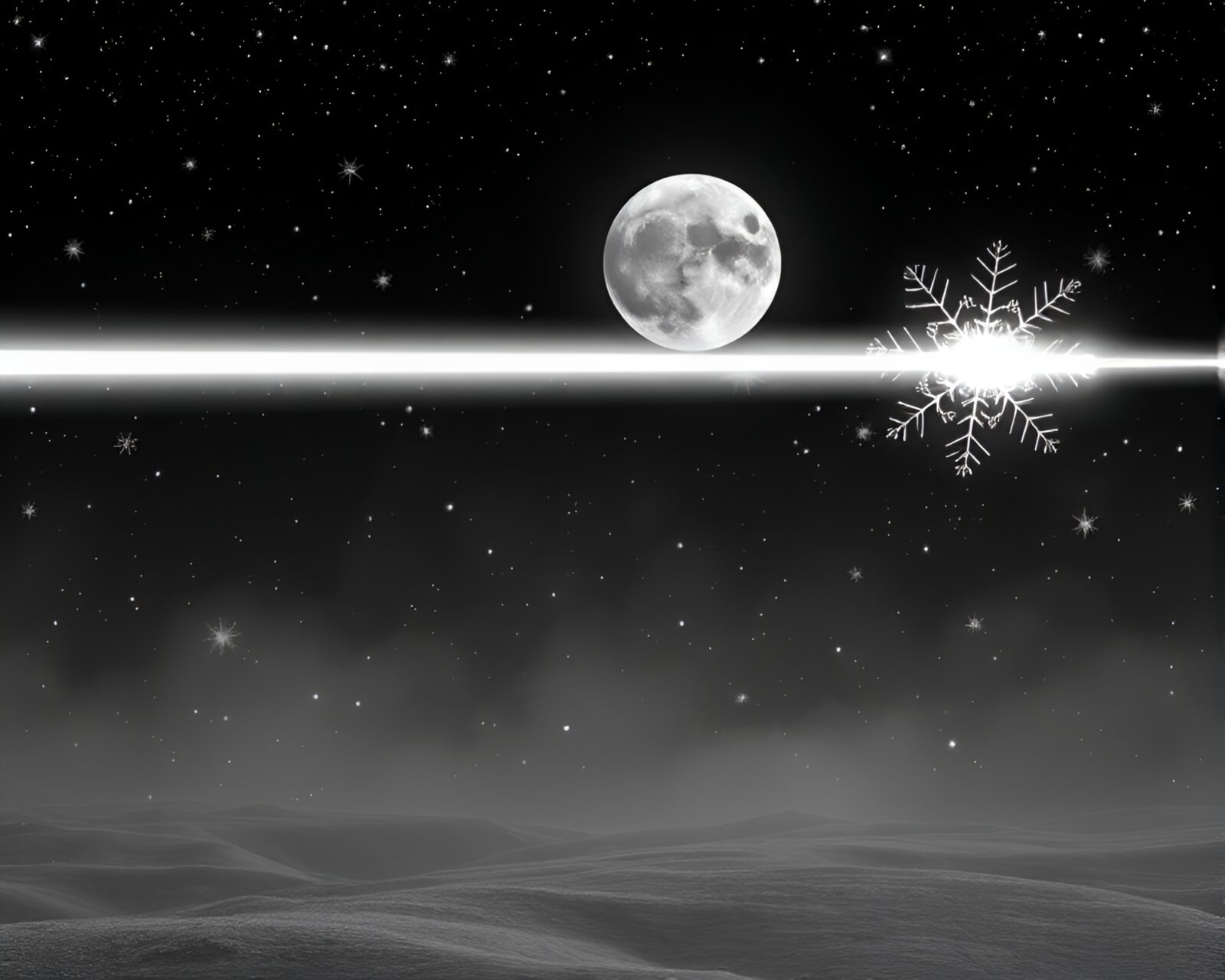 Ultraviolet-hued laser swords glowing in snowy moonlight