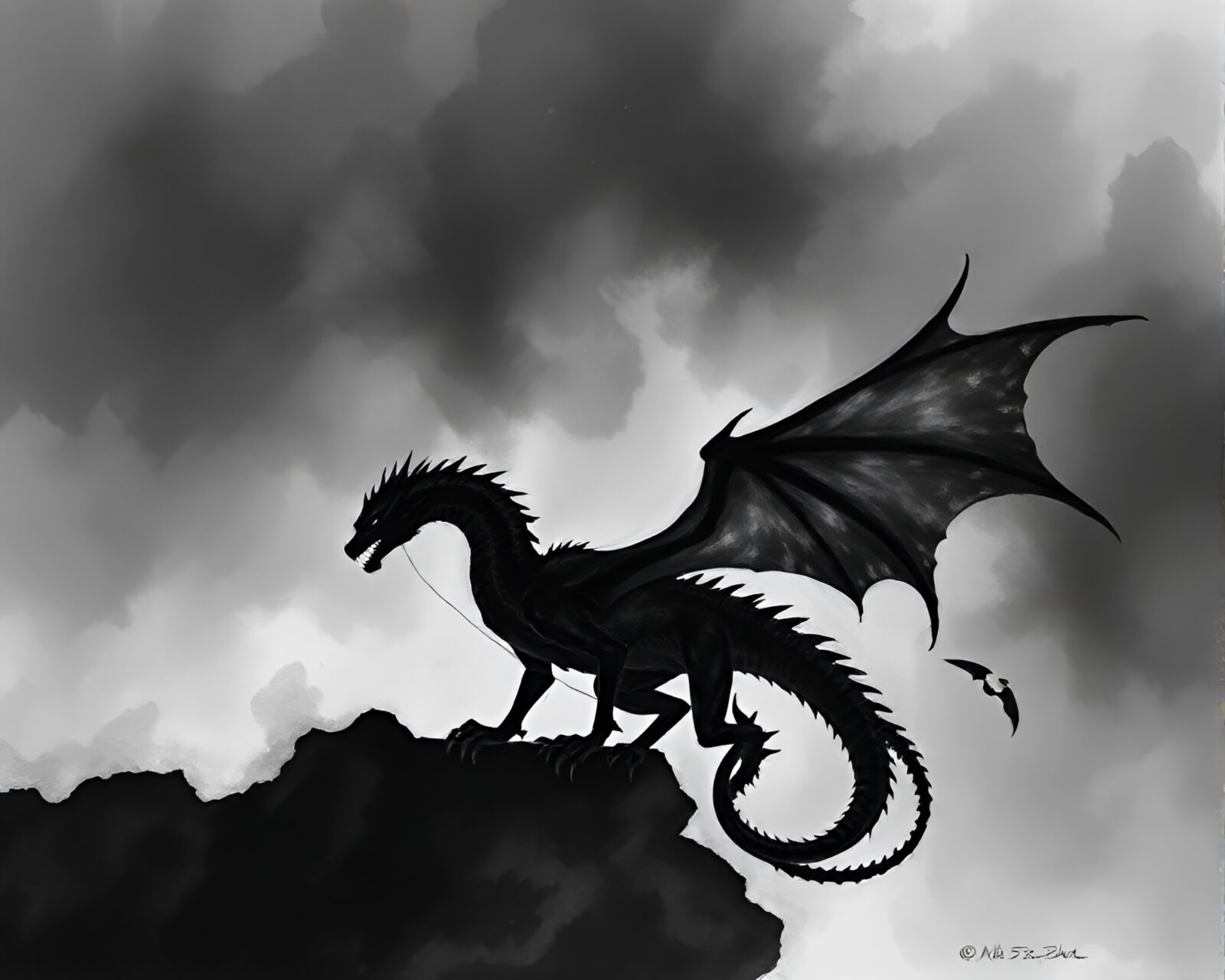 Silhouette illustration of a celestial dragon engulfed in dark necromantic shade