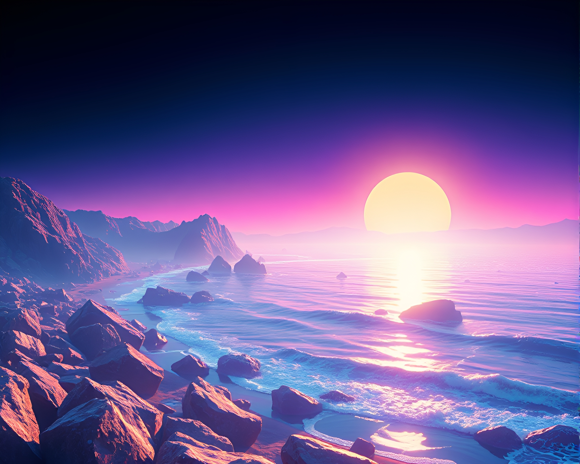 Neon Coastline with Soap Film Iridescence in Synthwave Style – free AI stock image