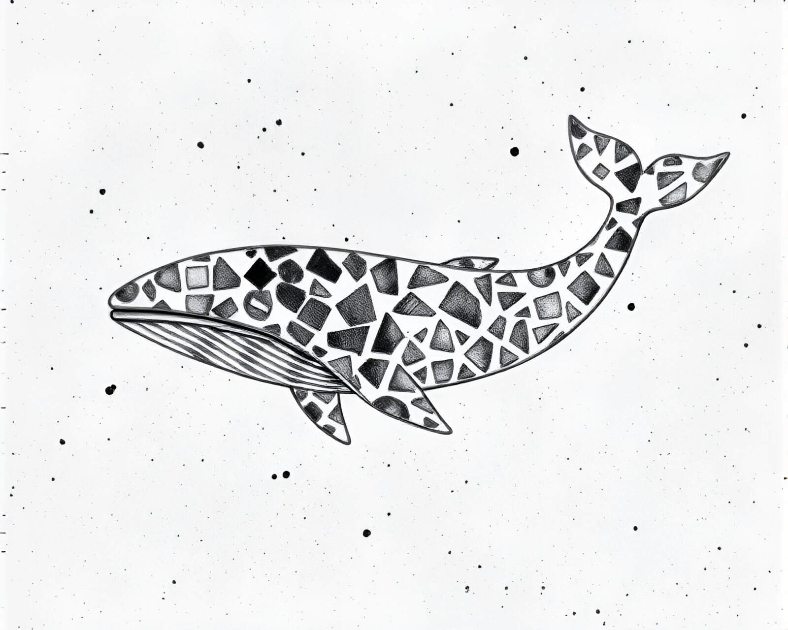Blueprint style image of whale in glass bead water