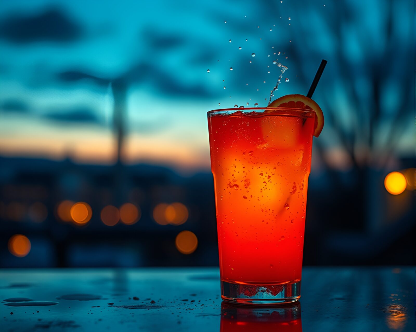 Acrylic splatters in sepia tones around a blood orange cocktail