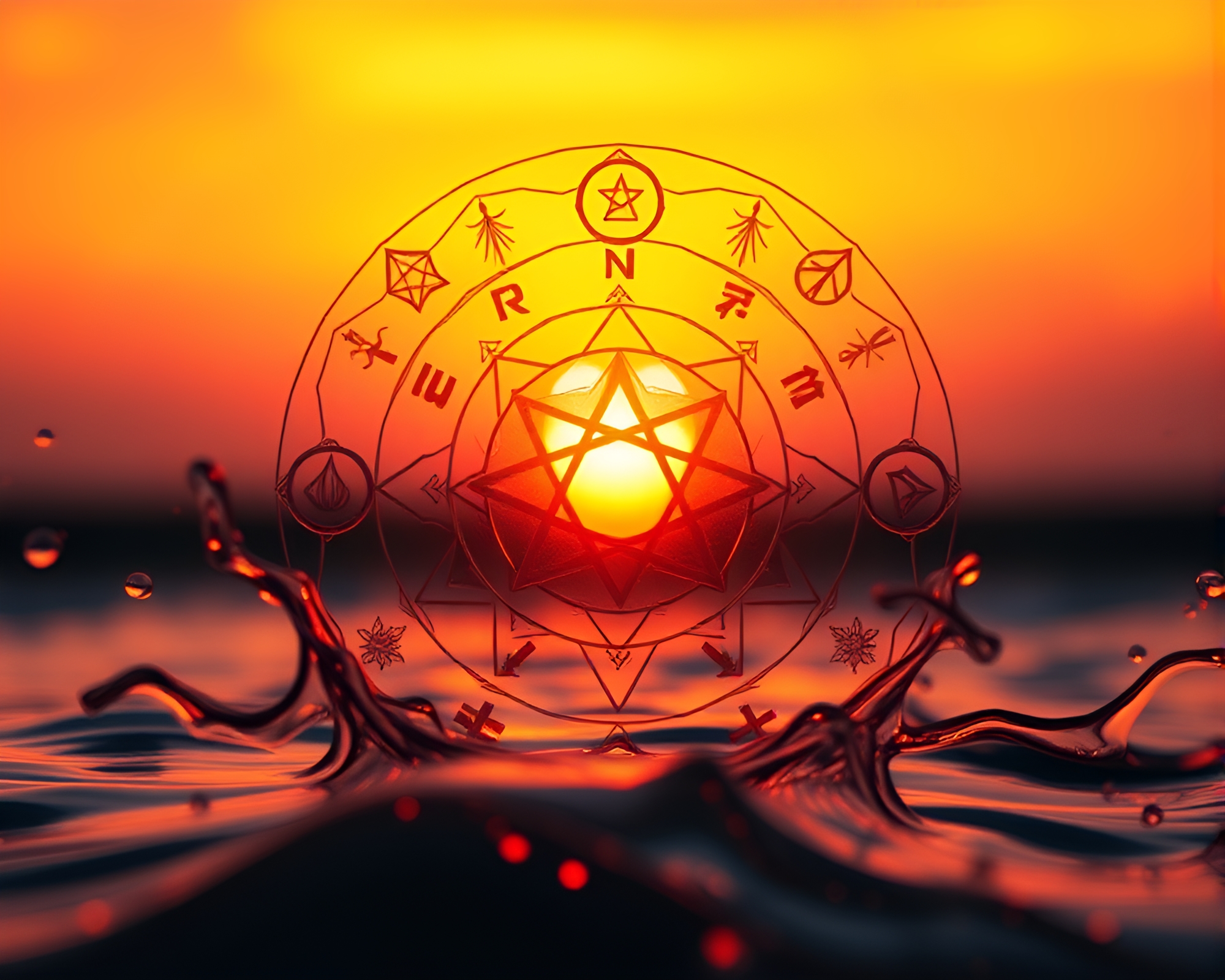 Lens Distorted Alchemical Symbols at Sunset – free AI stock image
