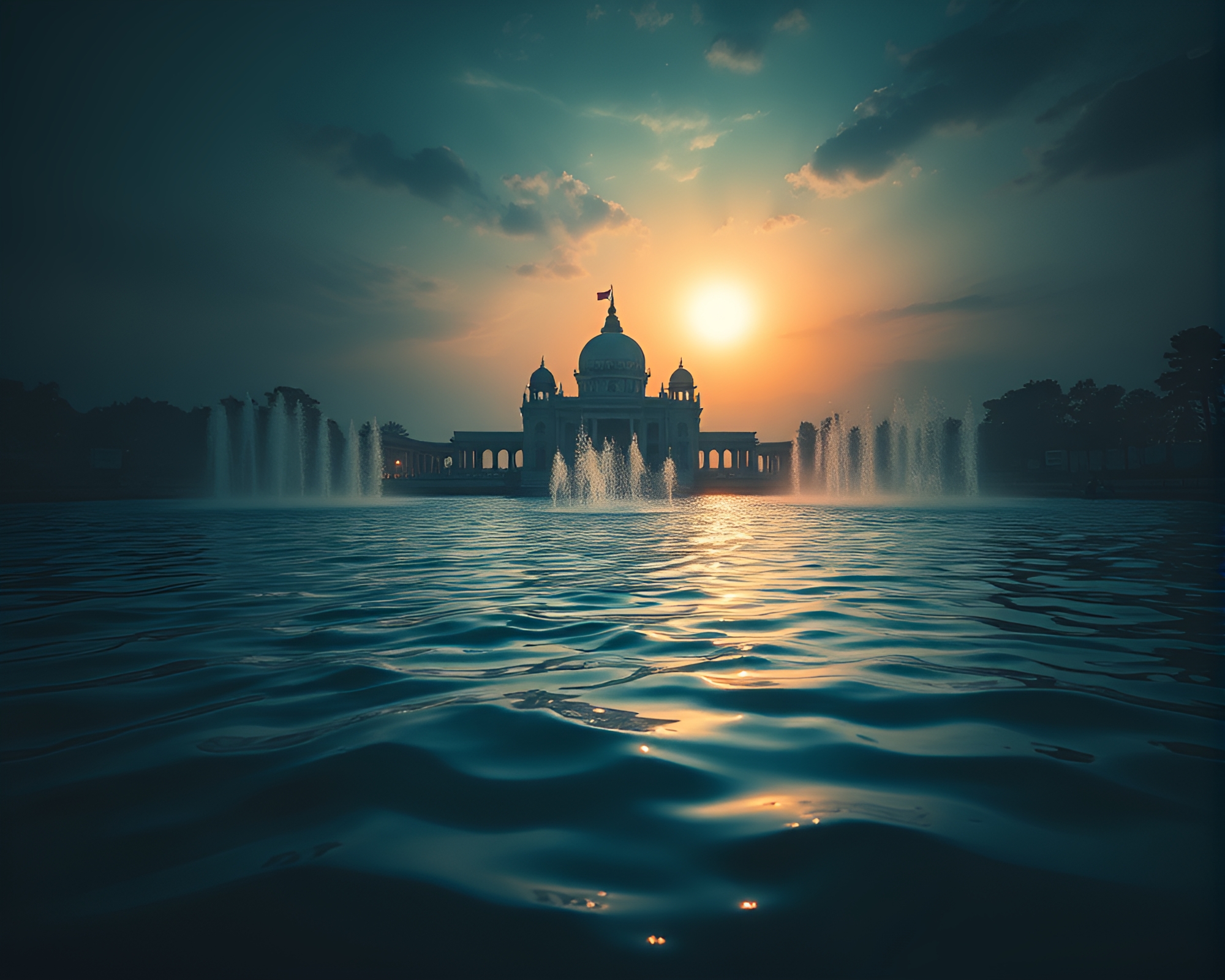 Enigmatic Water Whirlpool Temple Silhouette – free AI stock image