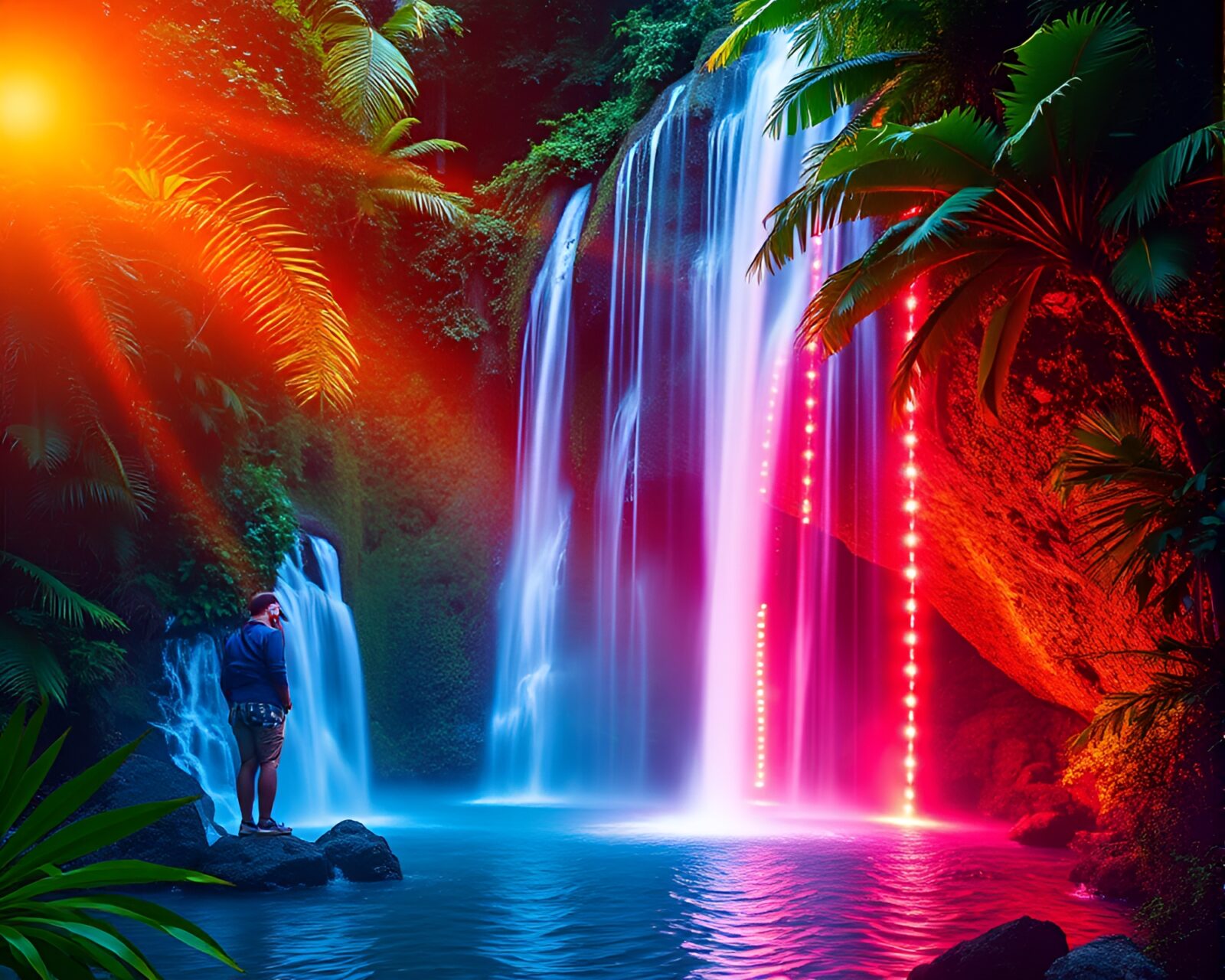 Bright overexposed waterfall merging with digital LED pixel grid