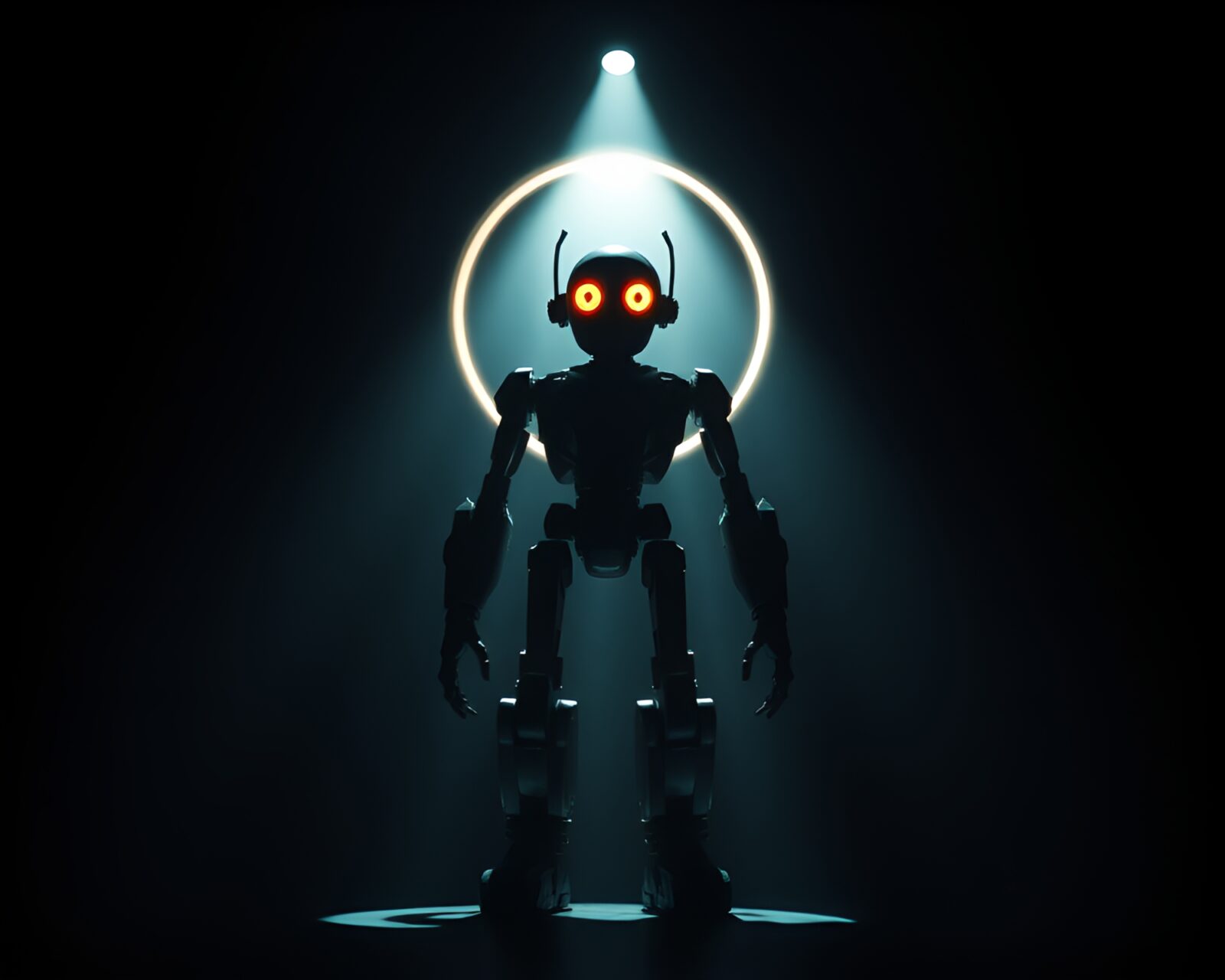 A futuristic steampunk robot illuminated by rim lighting