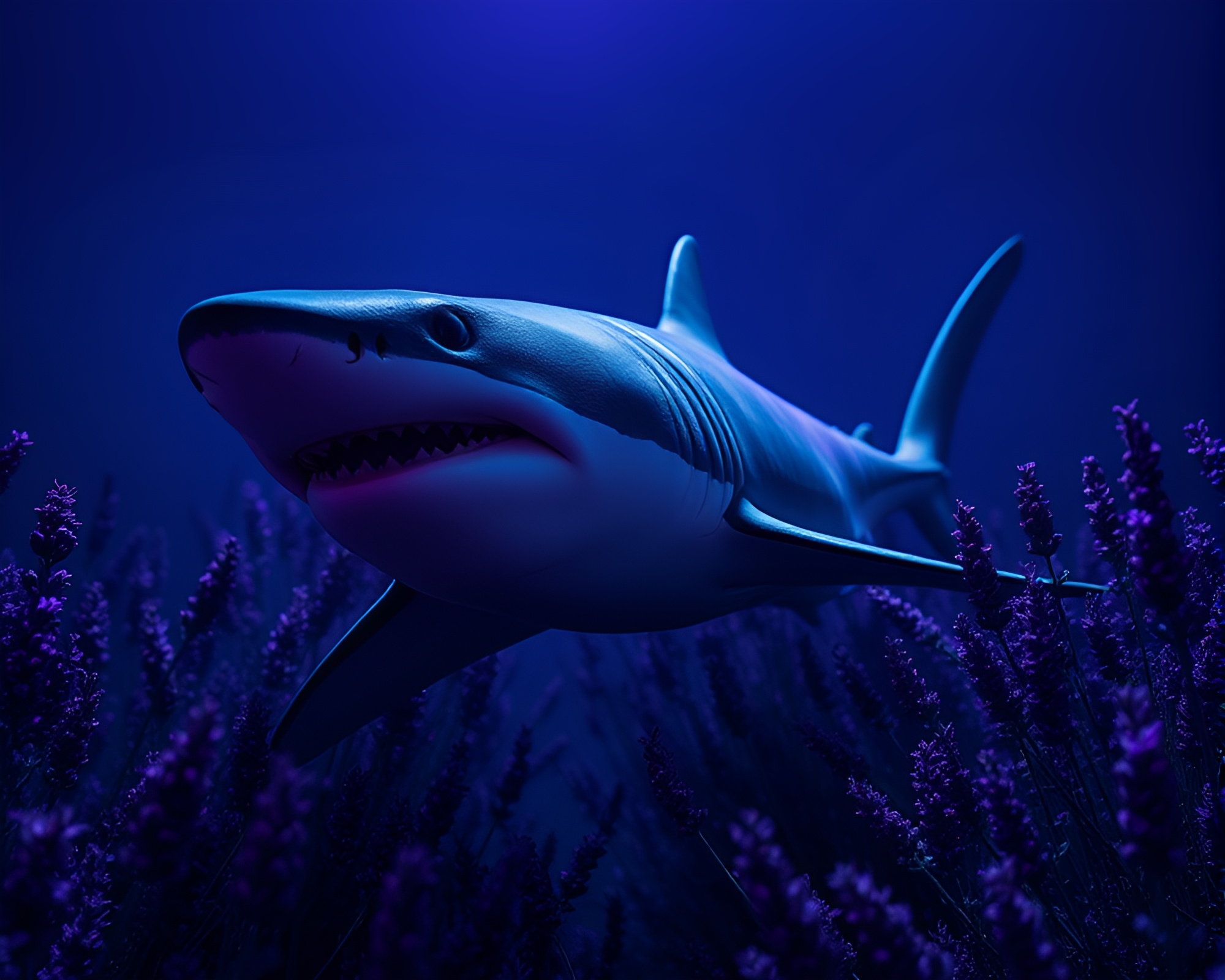 Twilight Shark Encounter Through Fiber Optics Noir lens – free AI stock image