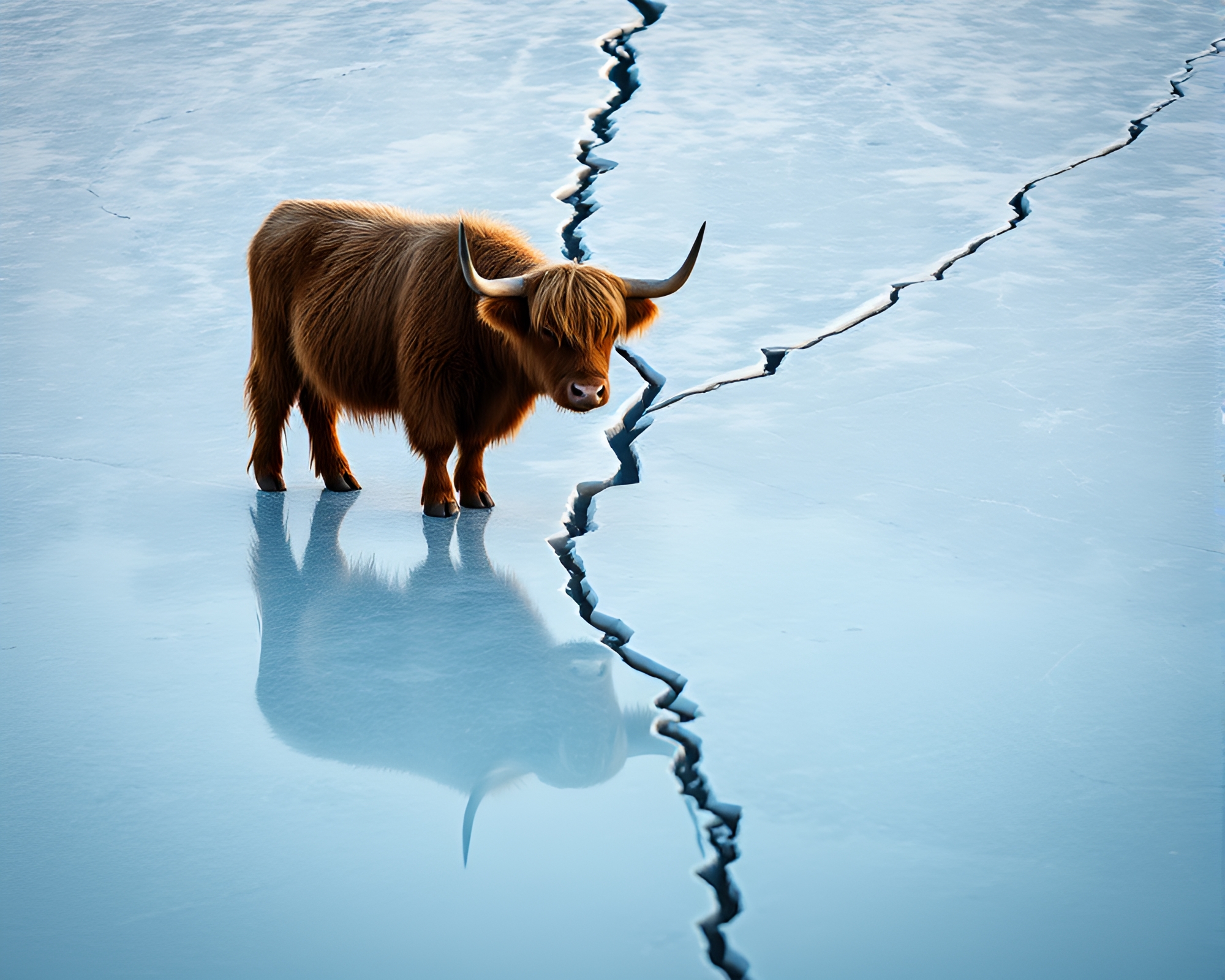Highland Cow Gazing at Ice Reflection Crack – free AI stock image