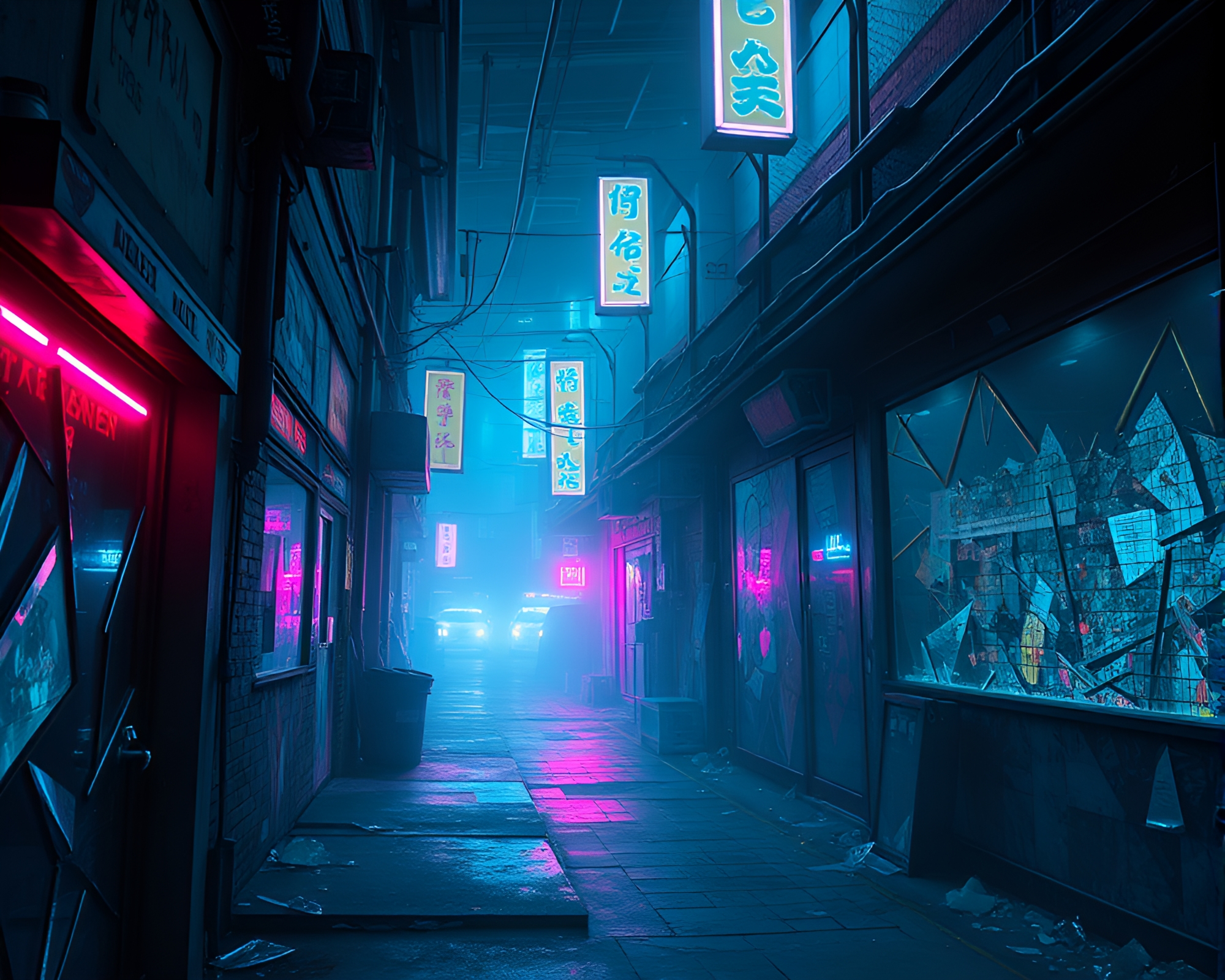 Neon Cyberpunk Alley with Glass Shards Composition – free AI stock image