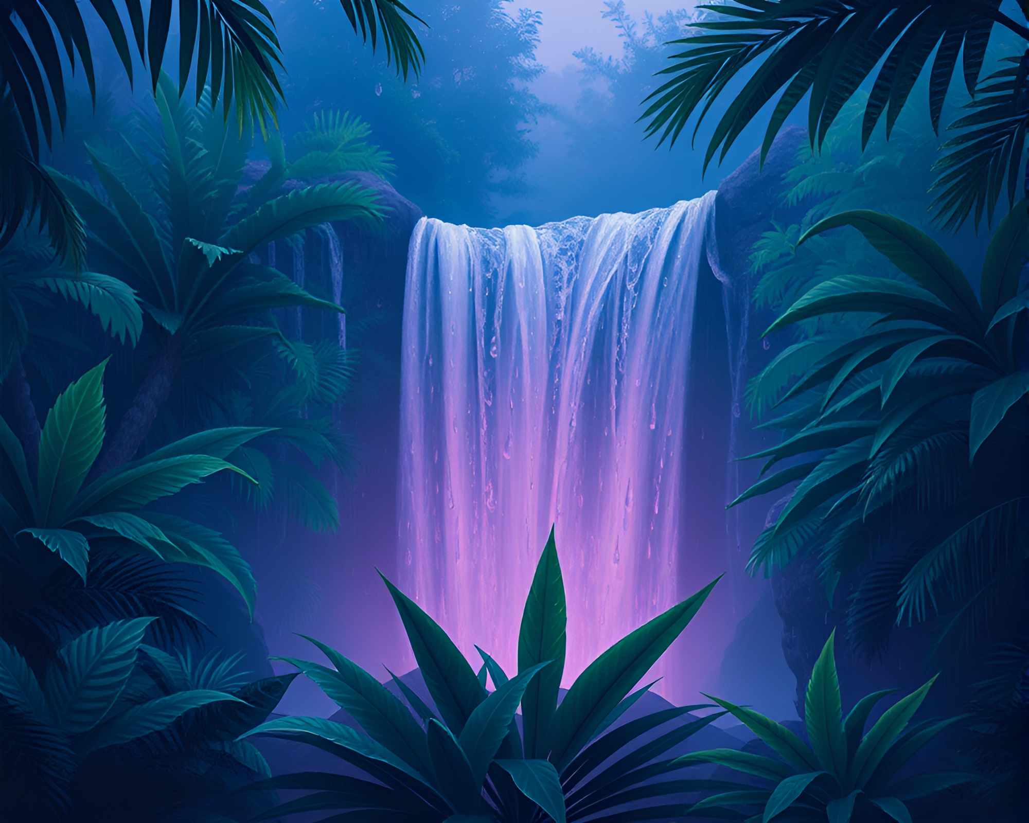 Tropical Waterfall at Twilight with Dew Drops Matte Painting – free AI stock image