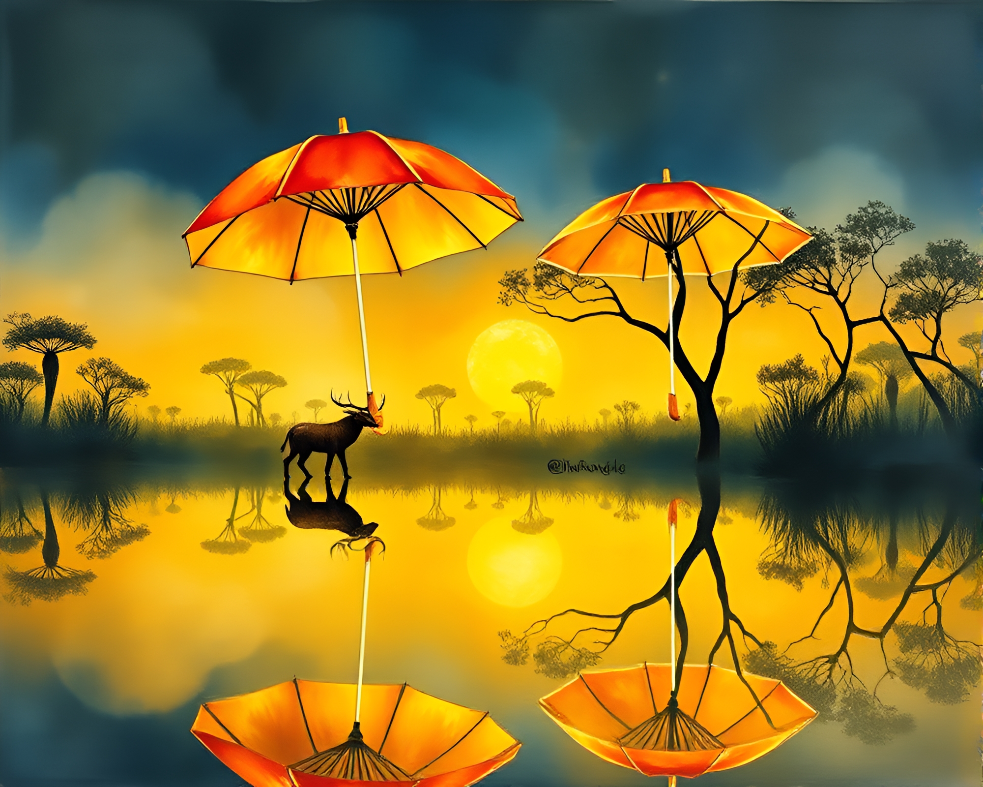 Neon-lit umbrella double reflection in savannah golds – free AI stock image