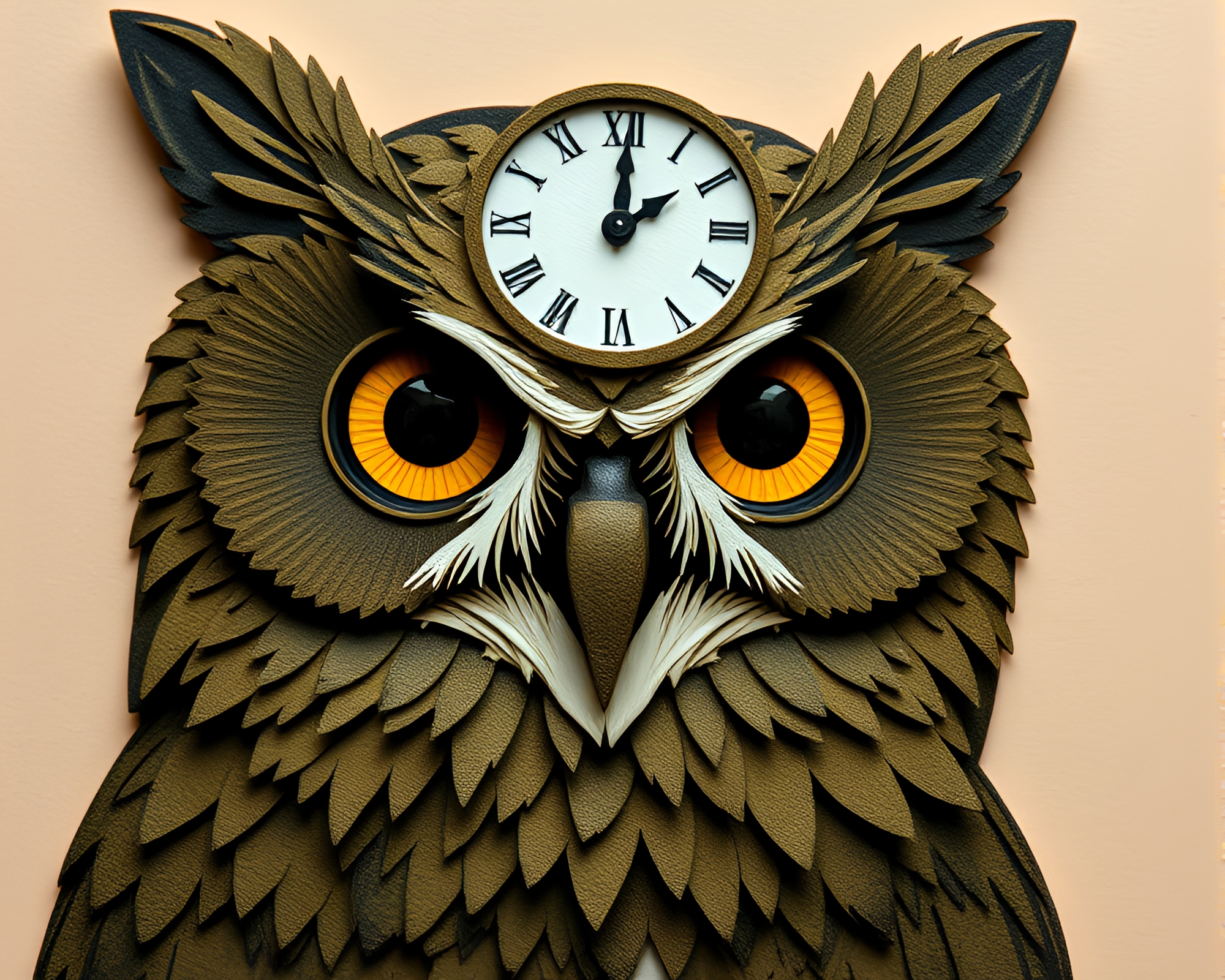 Clockwork Owl Close-Up in Olive Drab Paper Cutout Style – free AI stock image