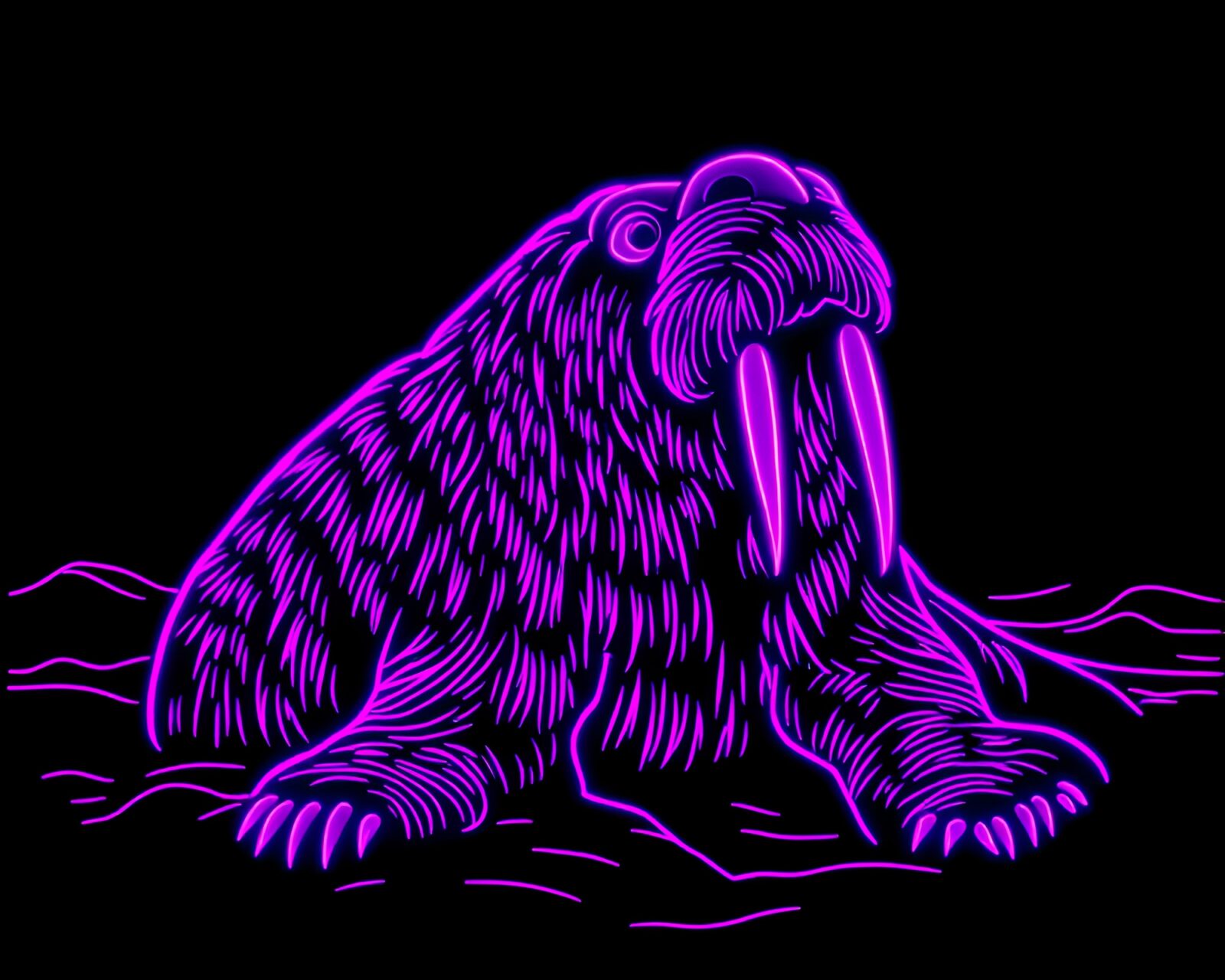 Glowing purple neon walrus sculpture in stencil style art
