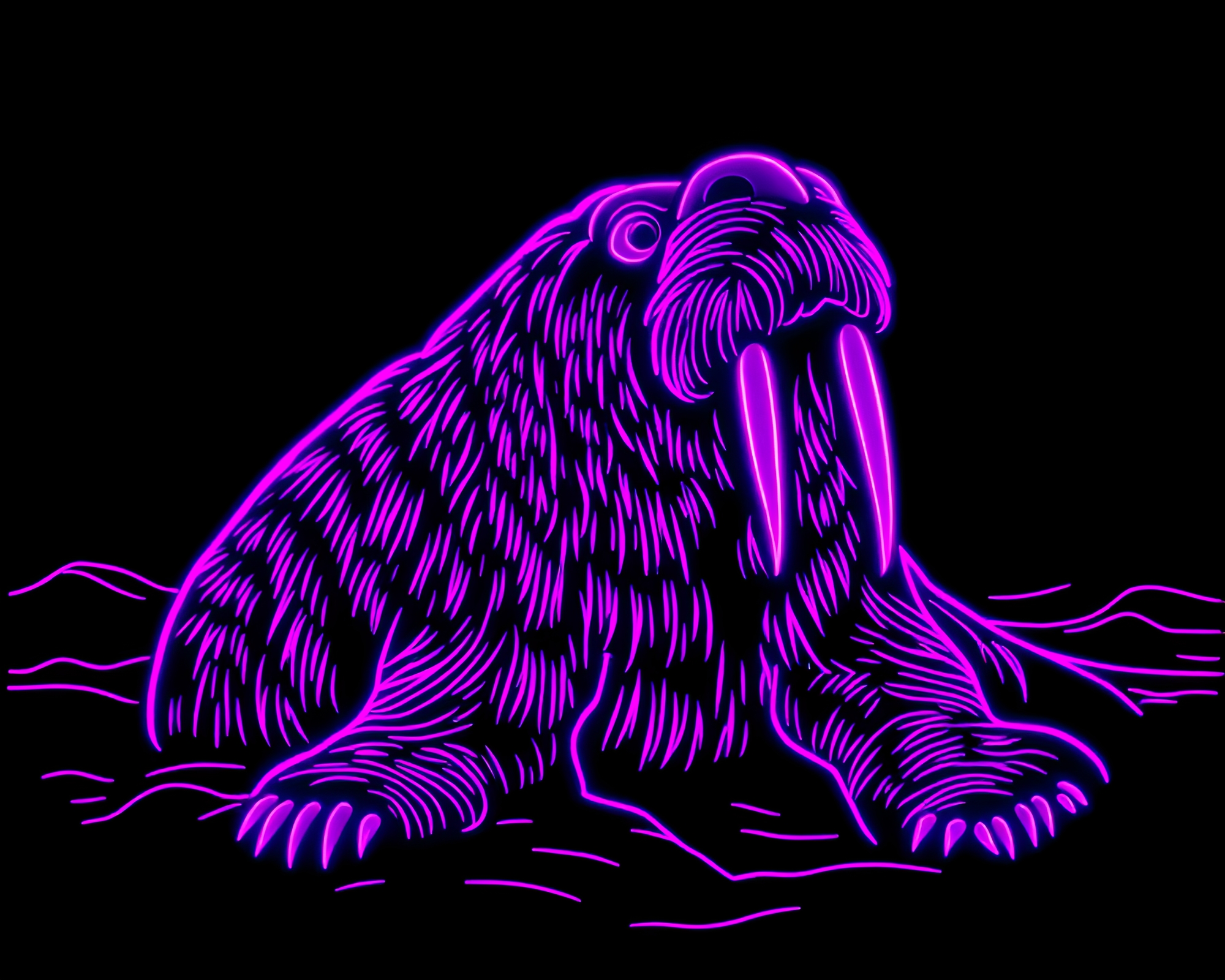 Neon Walrus Emerging in Twilight Stencil Art Display – free AI stock image