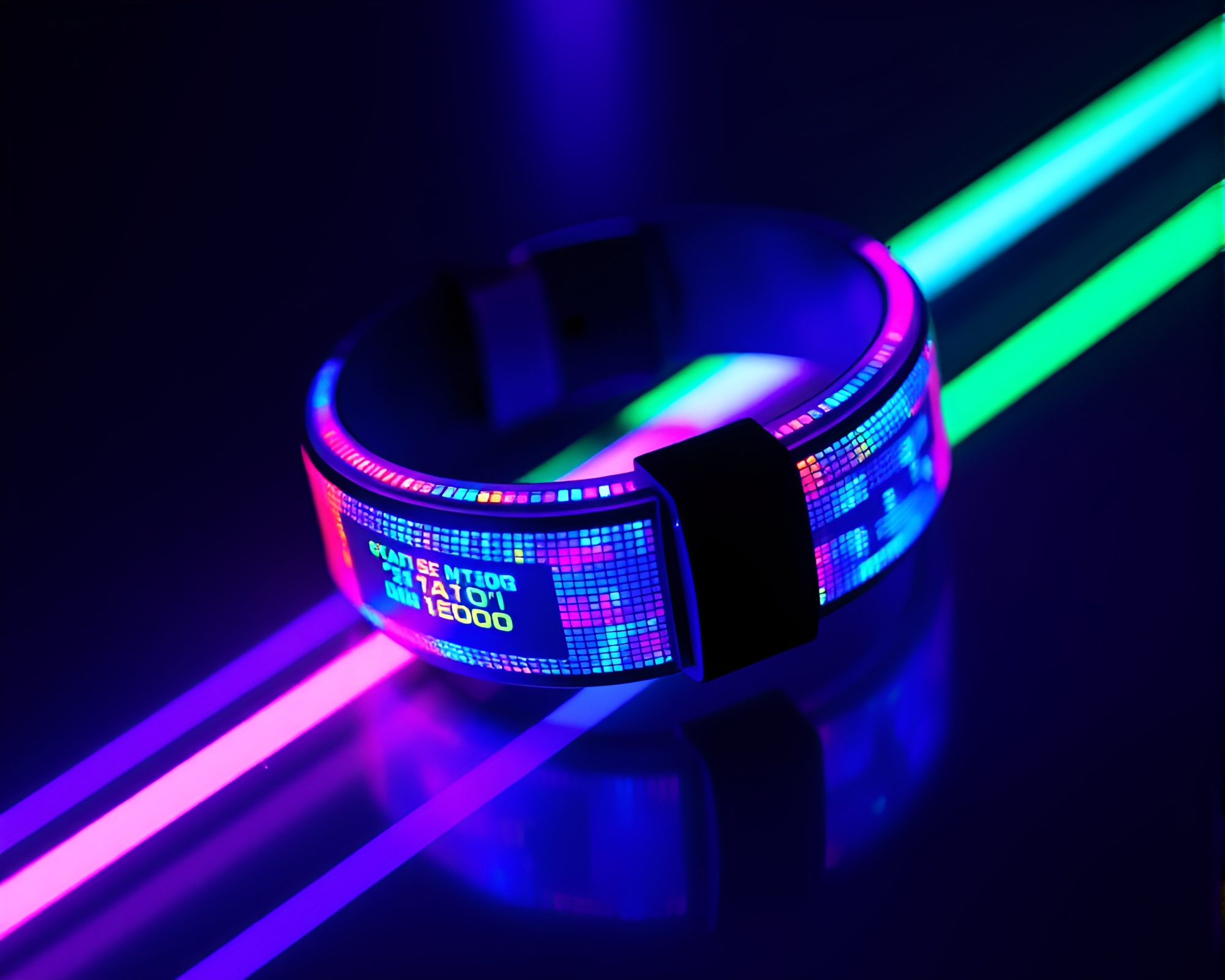 Neon Bracelet in Triadic Colors Amid Digital Noise – free AI stock image