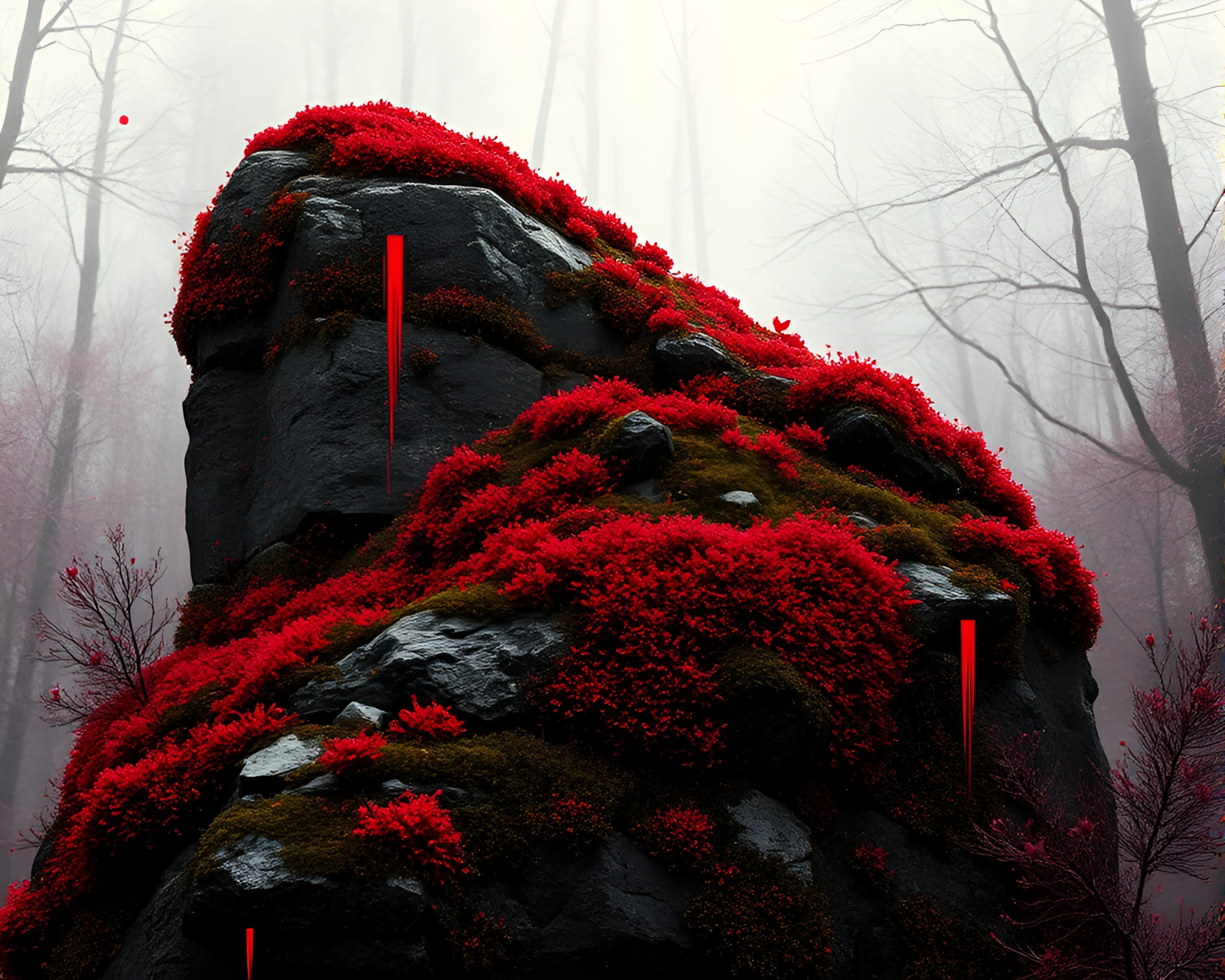 Moss-Covered Rock in Monochrome Red Glitch Fantasy – free AI stock image