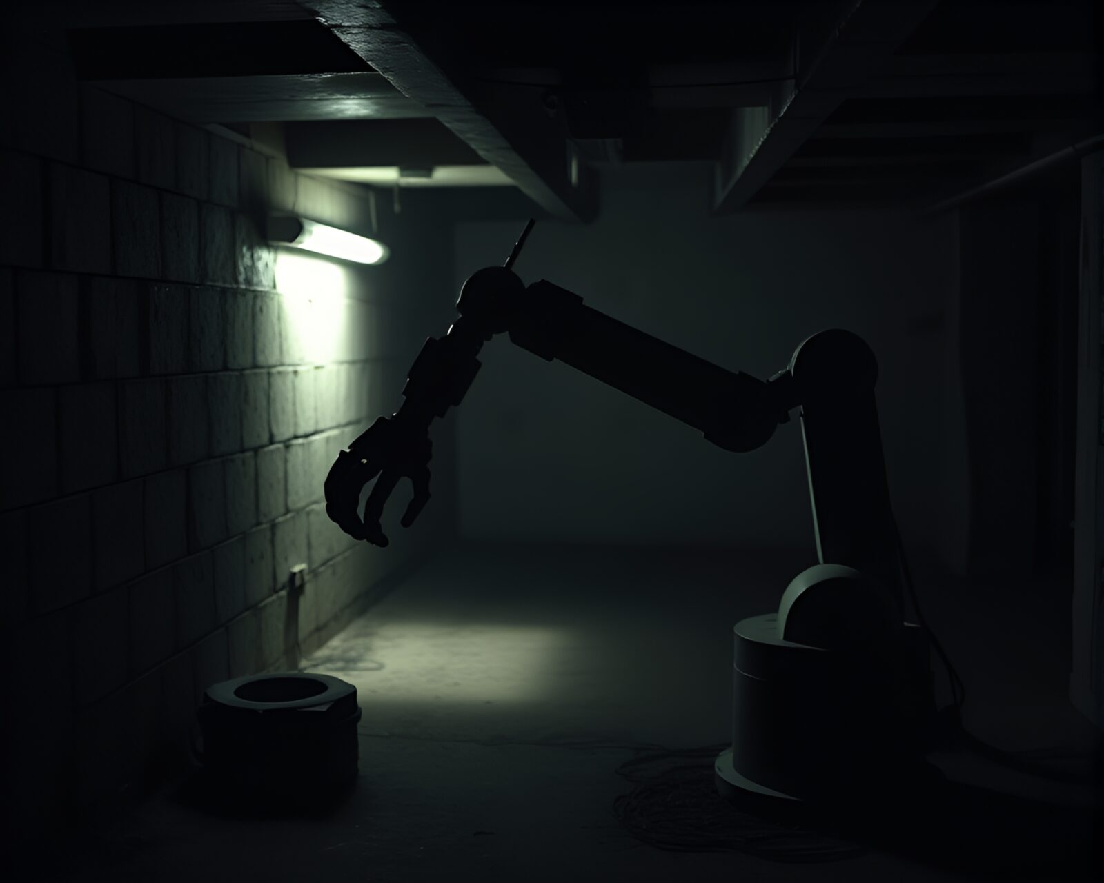 A detailed stippling illustration of a robotic arm in shadowy basement gloom