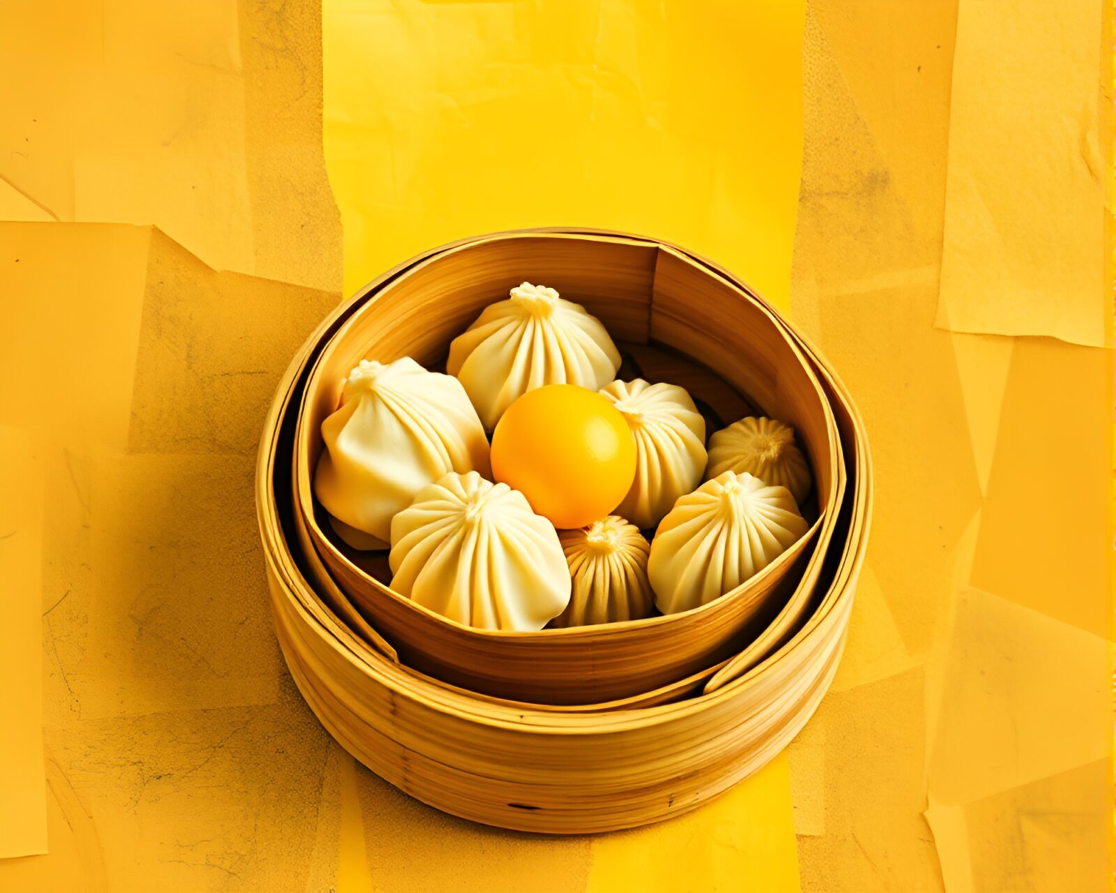 Vibrant collage of dim sum basket in mustard yellow hues