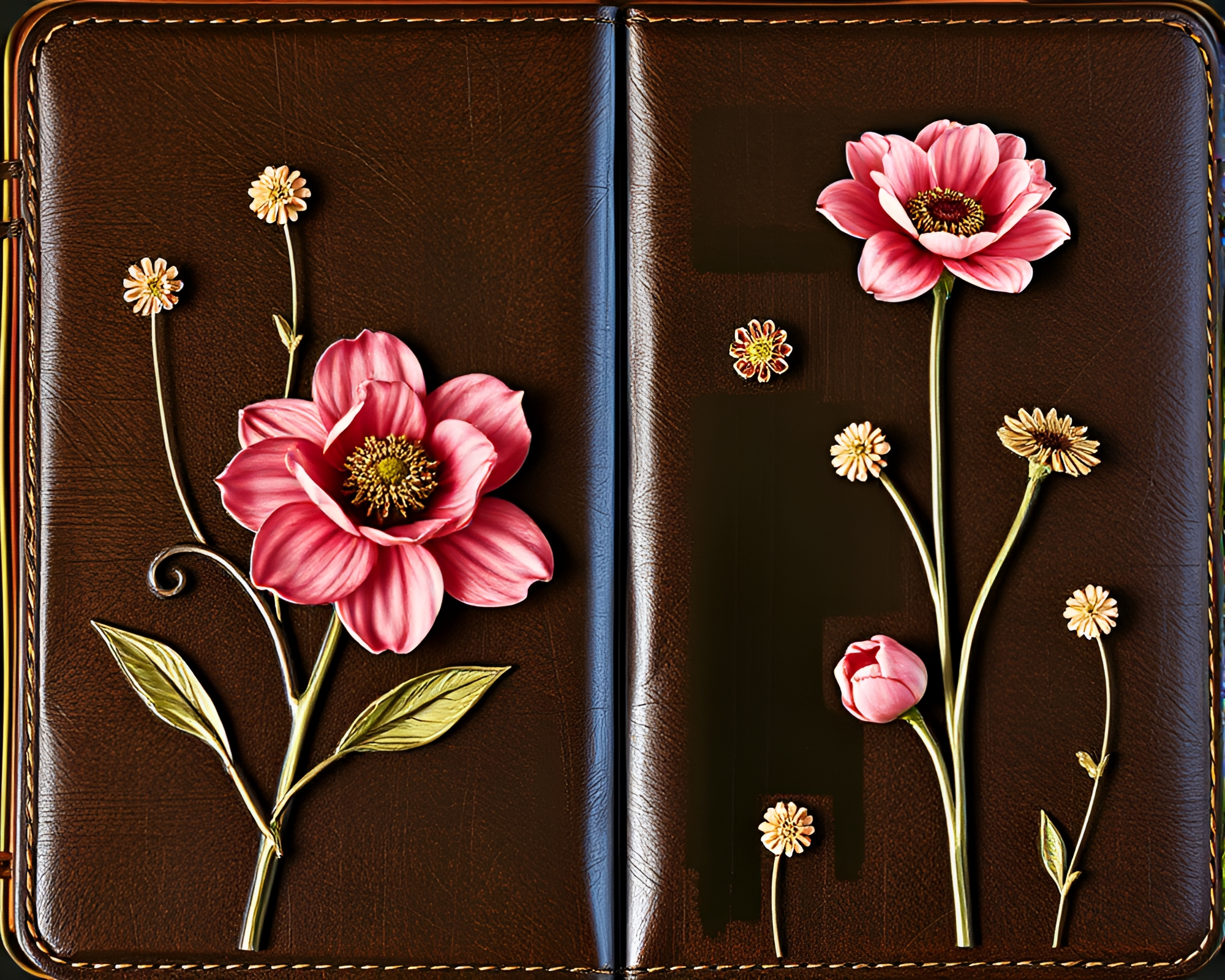 Digital Bloom: Chrome Reflections and Leather Diary – free AI stock image