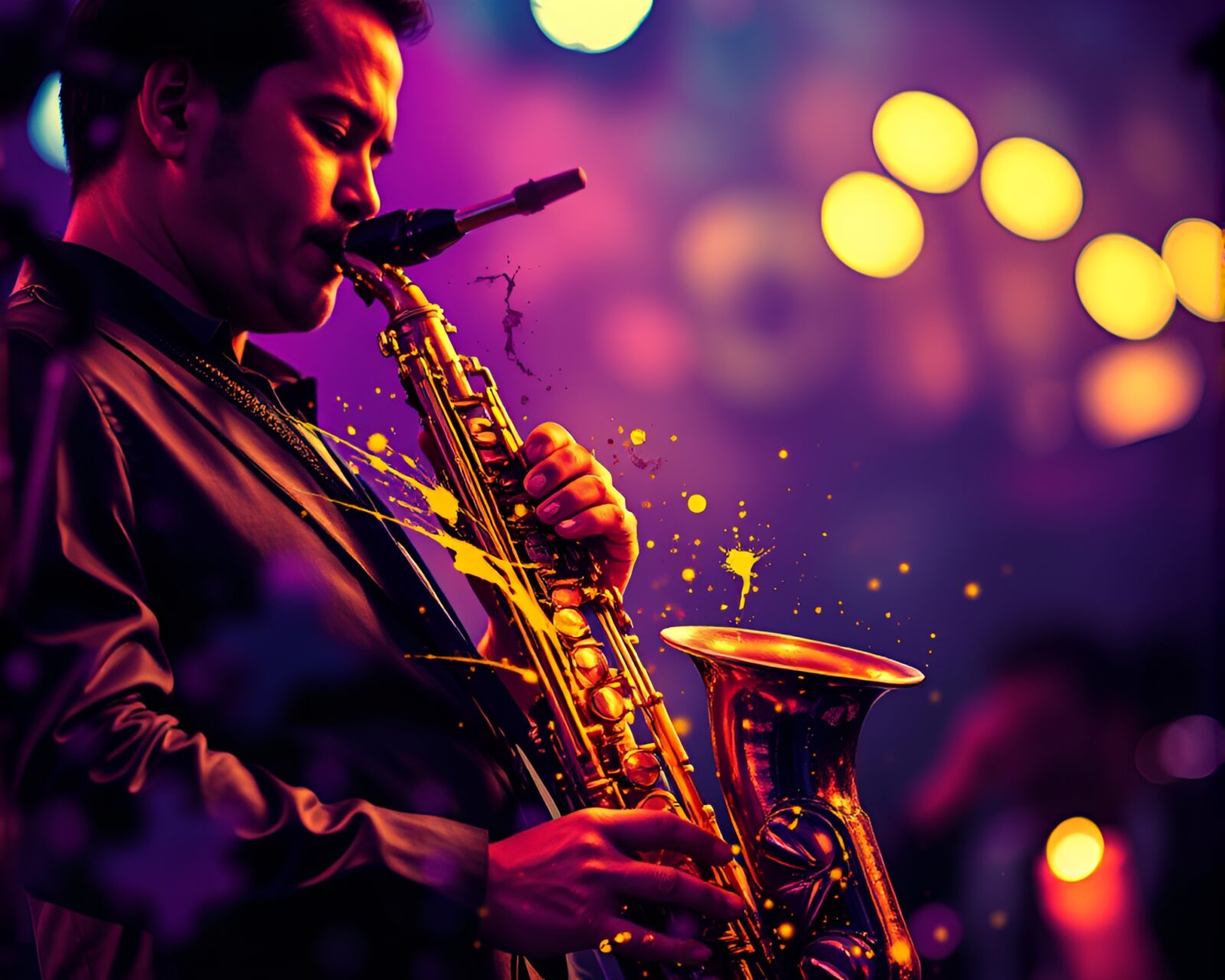 Selective color image of saxophonist playing under candlelight amidst ink splashes