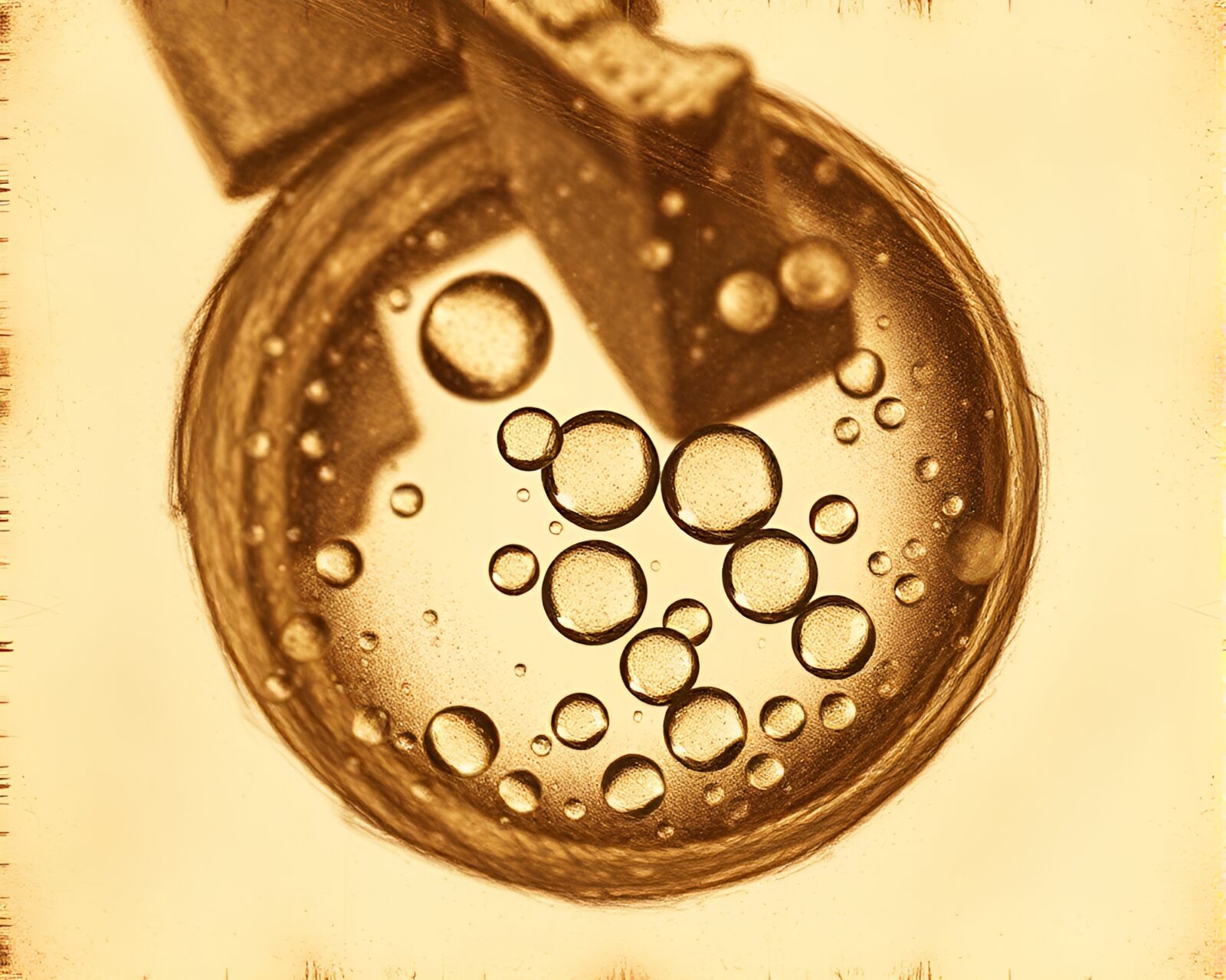 Sepia-toned conté crayon art of intricate water droplets magnified