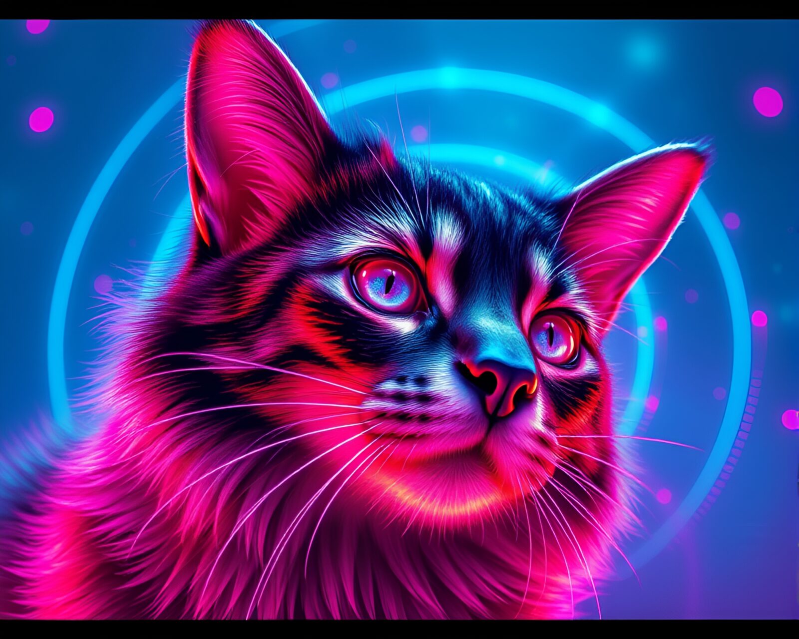 Steel-blue holographic pet in intricate synthwave spiral composition
