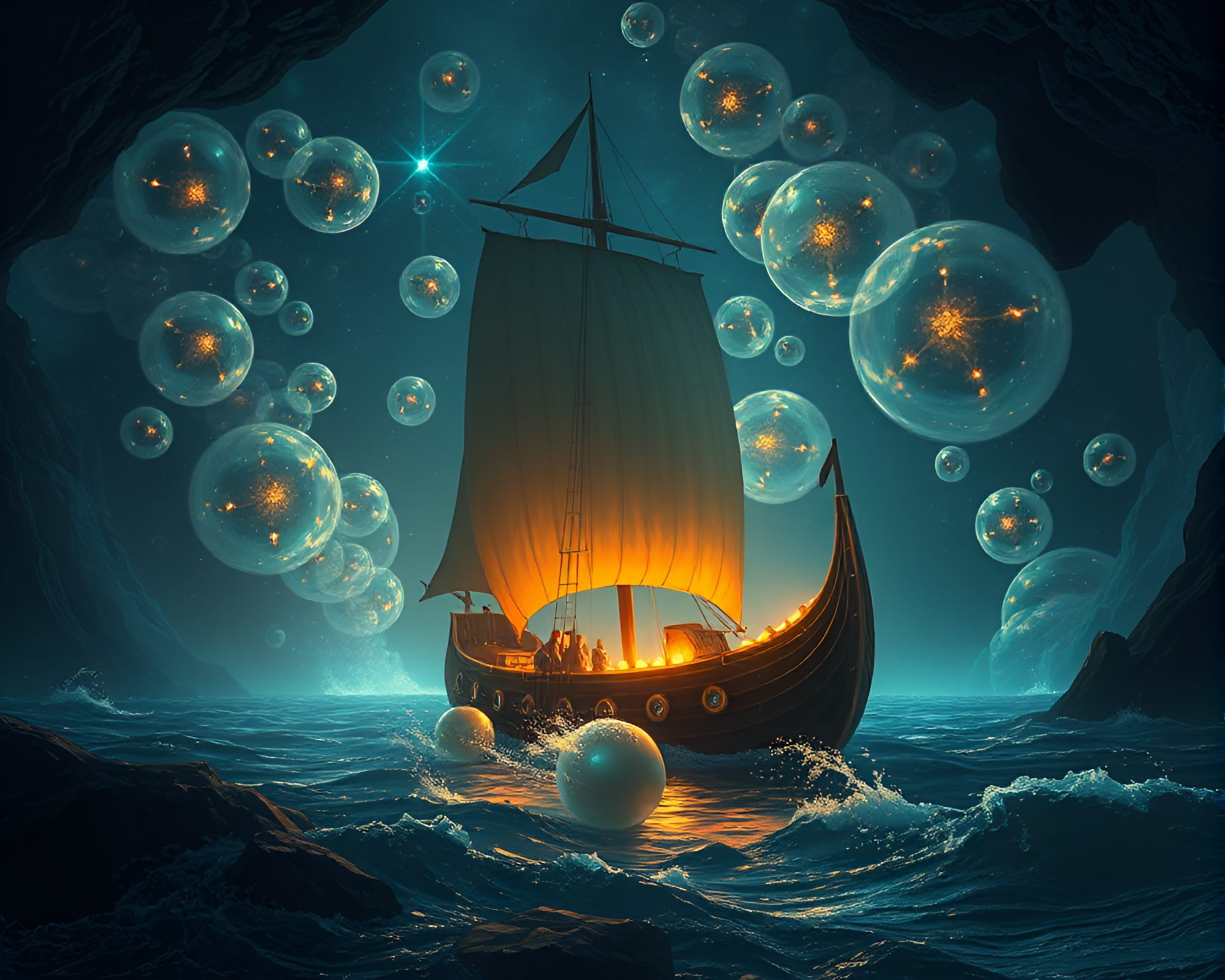Viking Longship Floating Amid Bubble Clusters – free AI stock image
