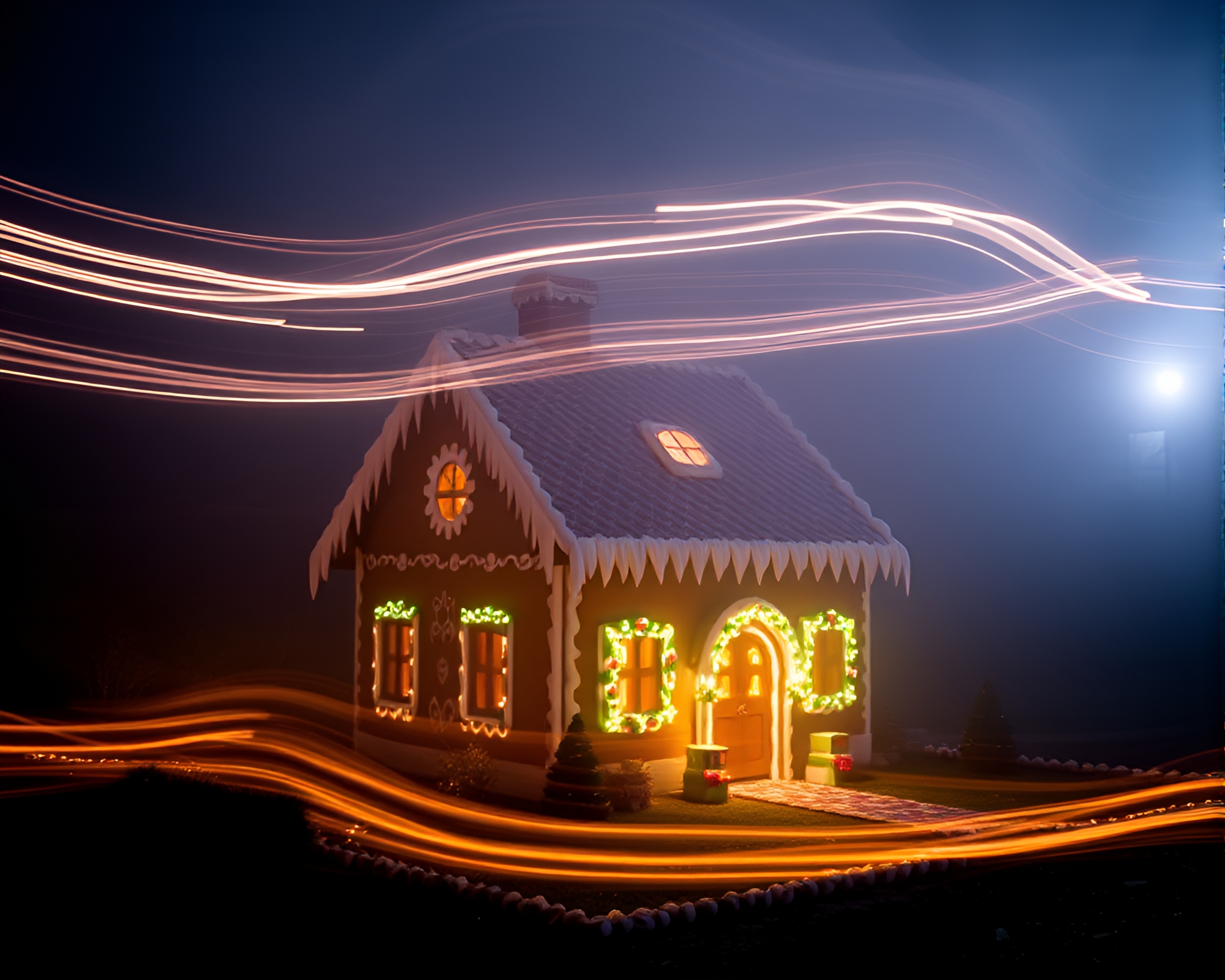 Gingerbread House Light Trails in Foggy Motion Blur – free AI stock image